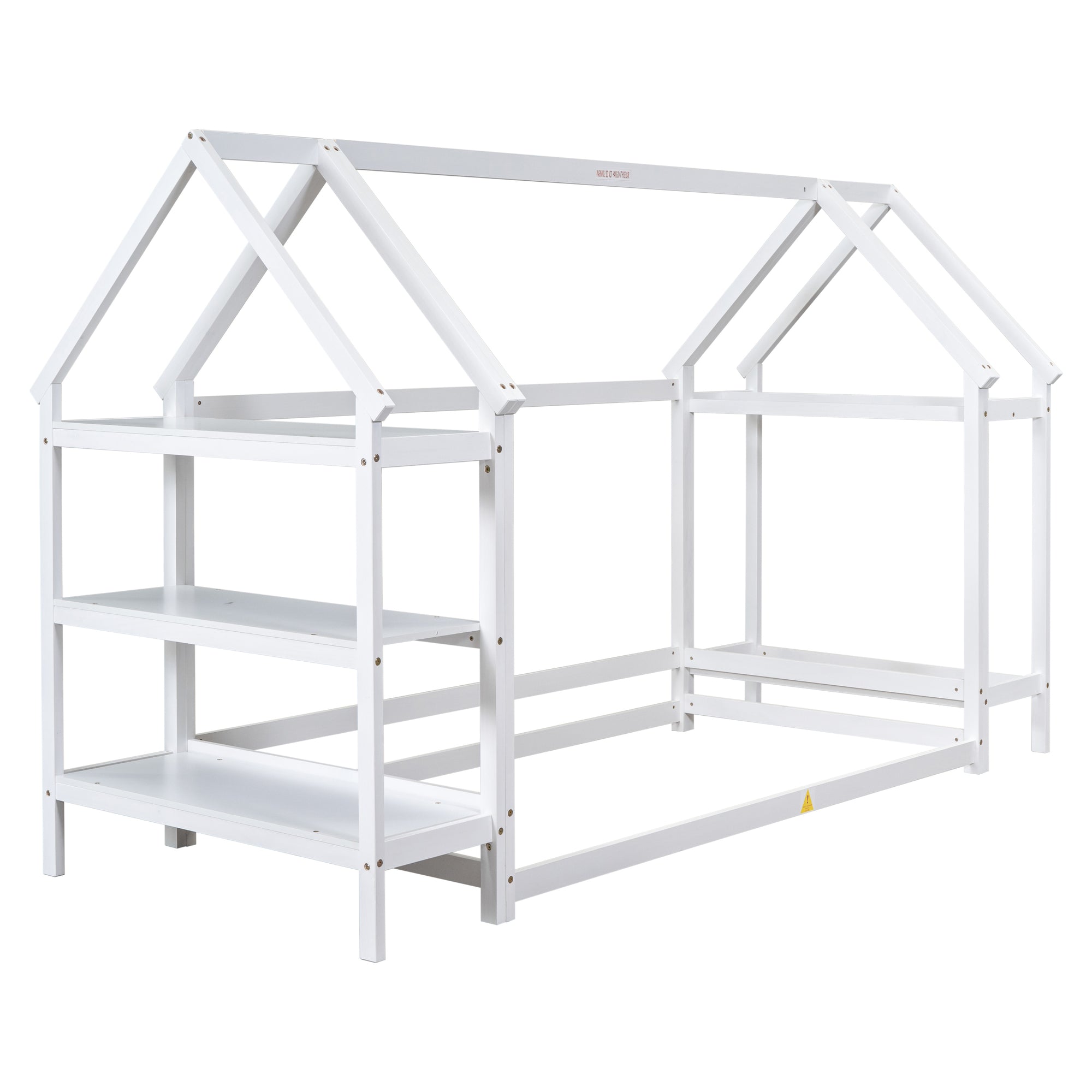 Twin Size Wood House-Shaped Floor Bed with Storage Shelf and Hanger in White