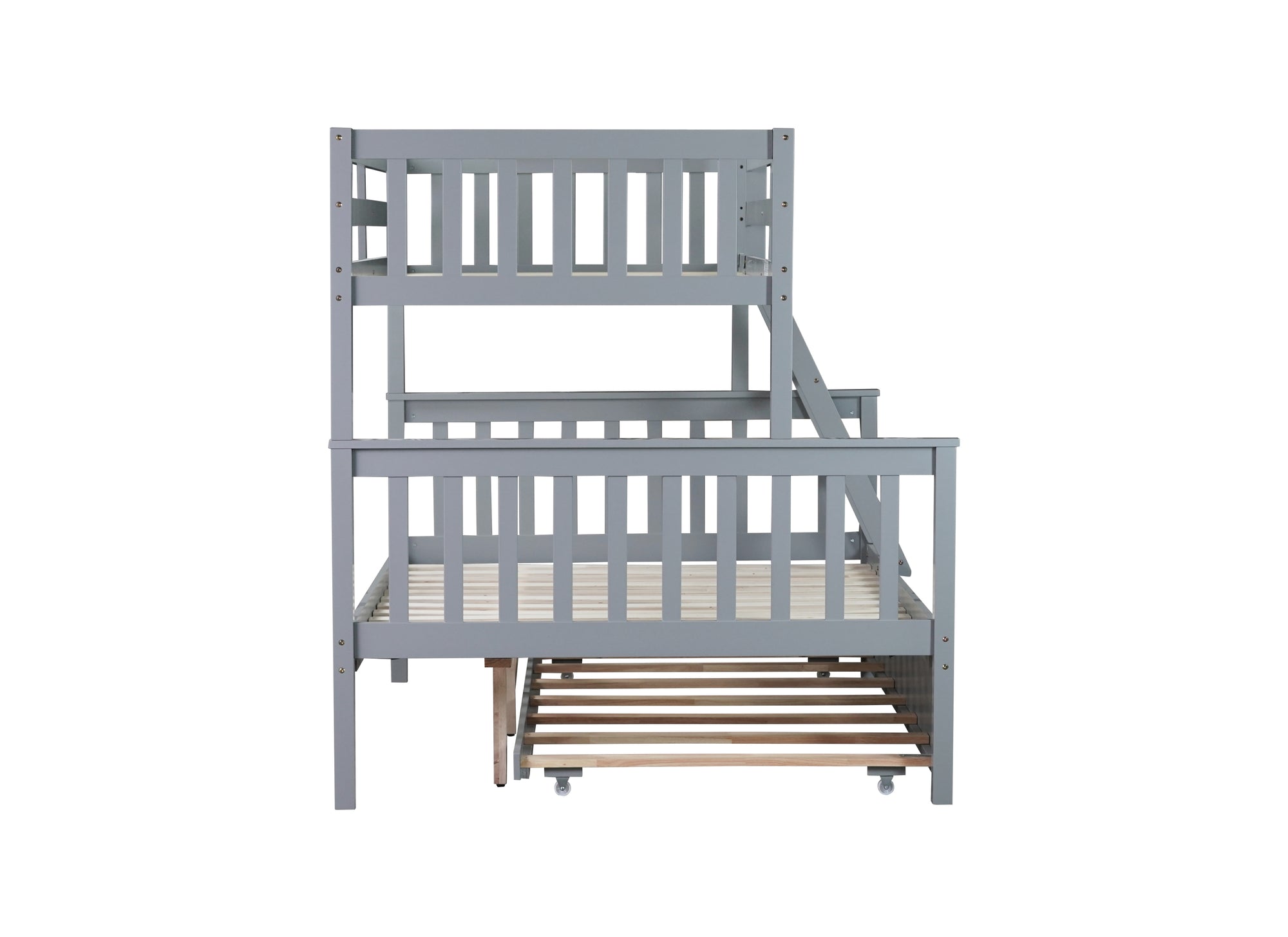 Convertible Gray Twin Over Full Rubber Wood Bunk Bed with Trundle