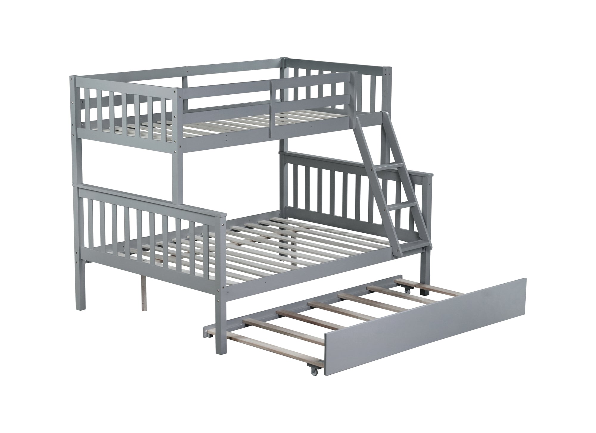 Convertible Gray Twin Over Full Rubber Wood Bunk Bed with Trundle