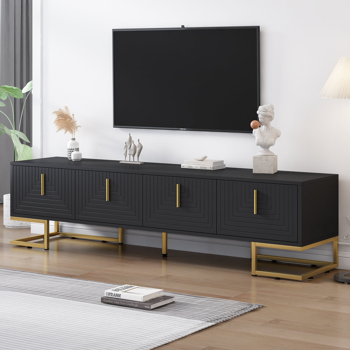 Modern TV Stand with Metal Legs and Gold Handles for TVs Up to 80 Inch Media Console with Adjustable Shelves In Black