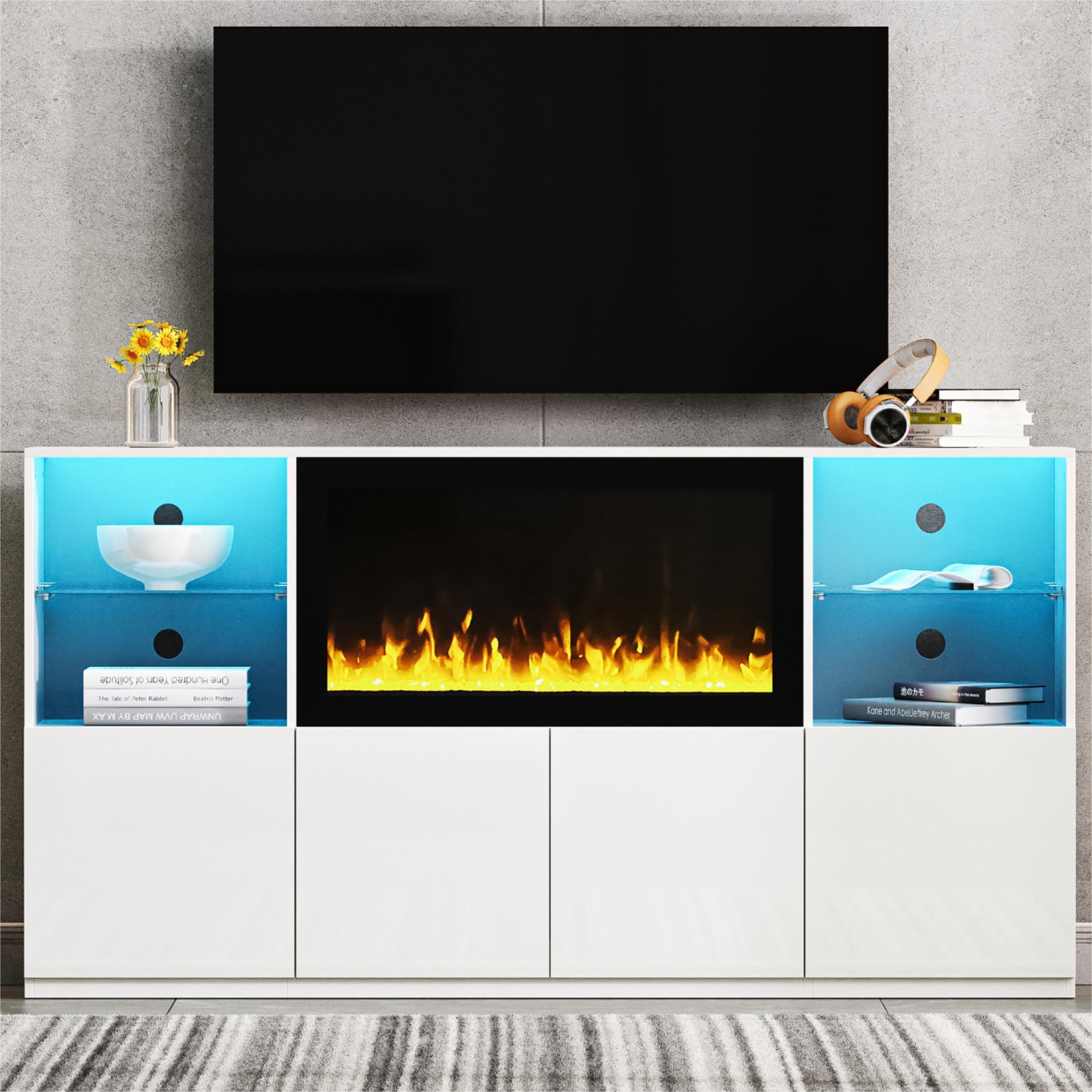 High Gloss TV Stand with 34.2 Inch Electric Fireplace and LED Light Media Console with Tempered Glass Shelves for TVs Up to 75 Inch In White