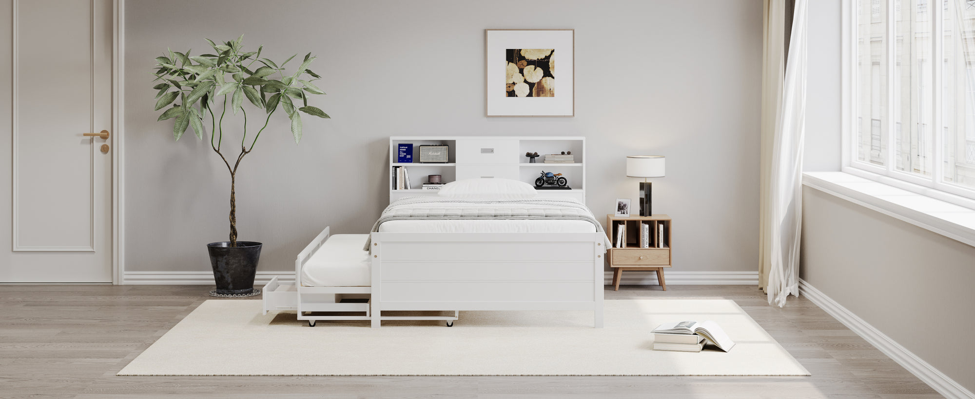 White Twin Platform Bed with Trundle, Drawers, and Storage Headboard