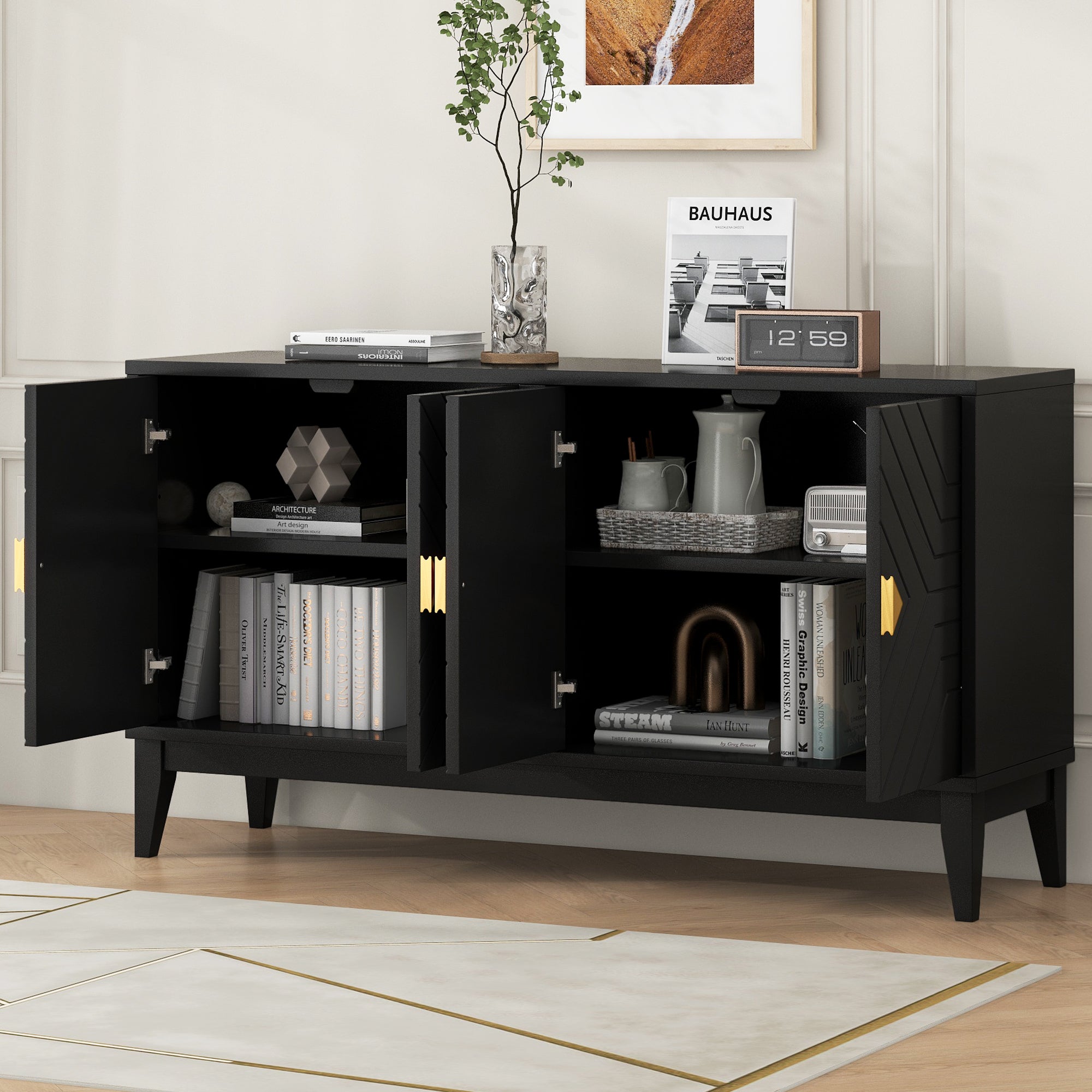 4-Door Sideboard Storage Cabinet with Gold Handles and Adjustable Shelf for Living Room and Dining Room In Black