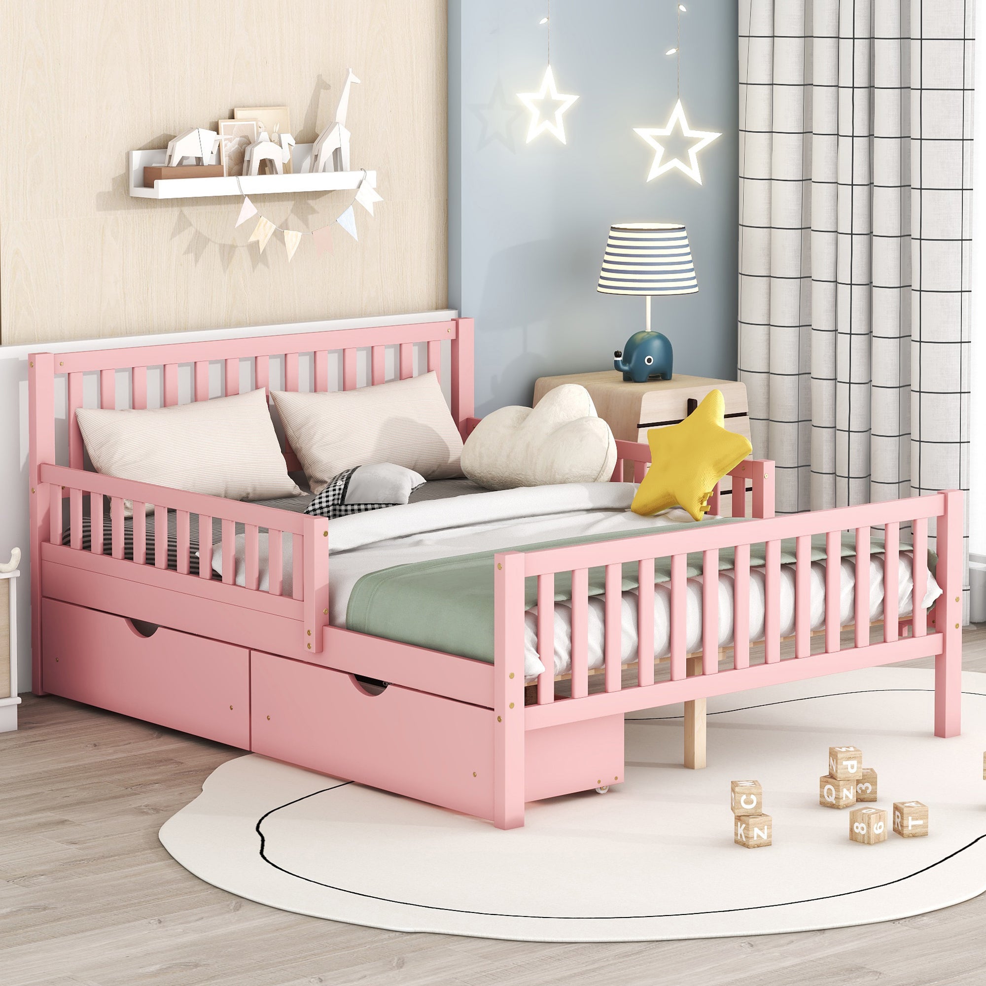 Full Size Wood Platform Bed with Guardrails and Storage Drawers In Pink