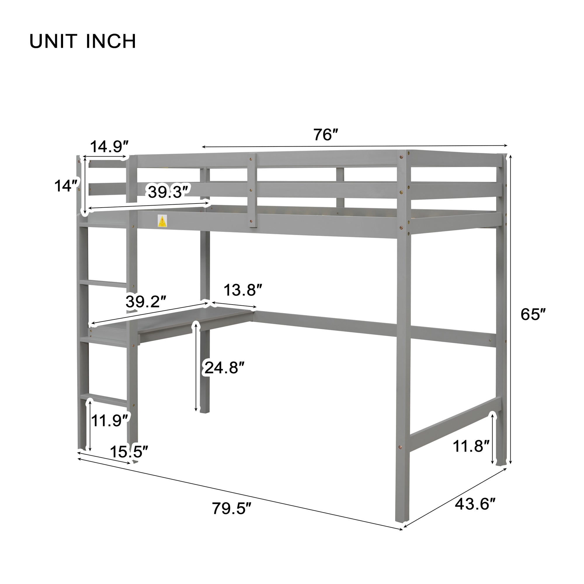 Gray Twin Loft Bed with Built-in Desk