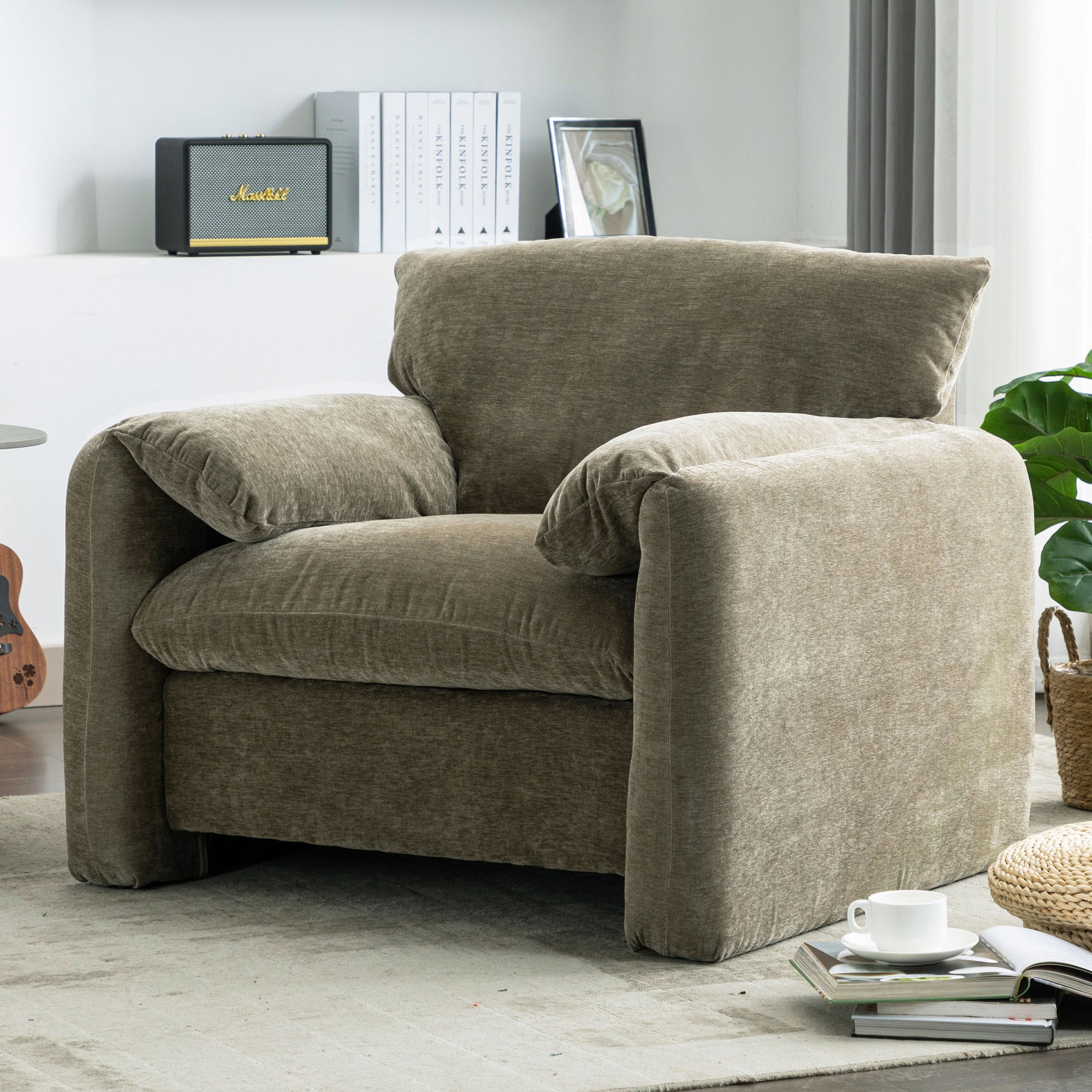 Modern Chenille Oversized Armchair In Matcha Green