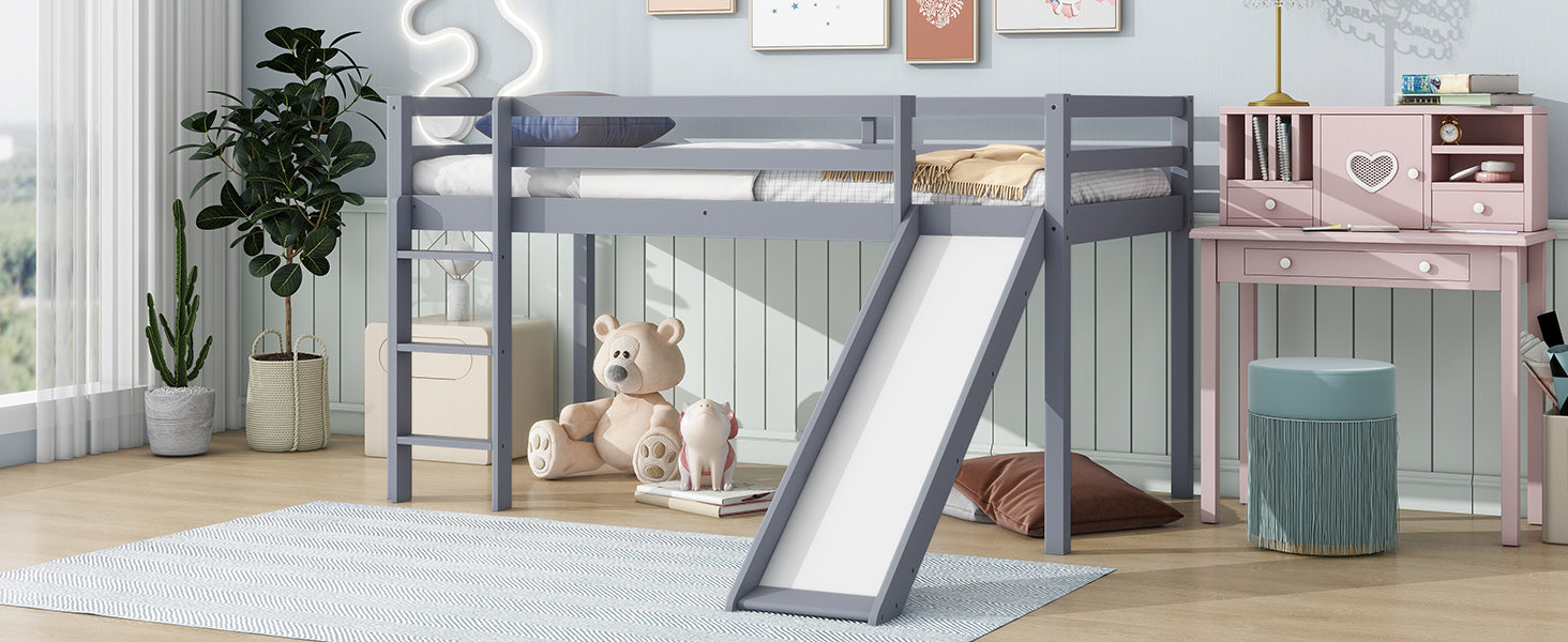 Gray Twin Low Loft Bed with Slide, Ladder, and Guardrails