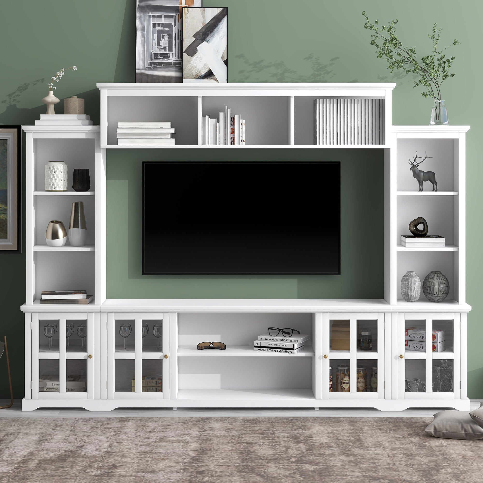 Minimalism Entertainment Wall Unit with Bridge Modern TV Console Table for TVs Up to 70 Inches Multifunctional Stand with Glass Door In White