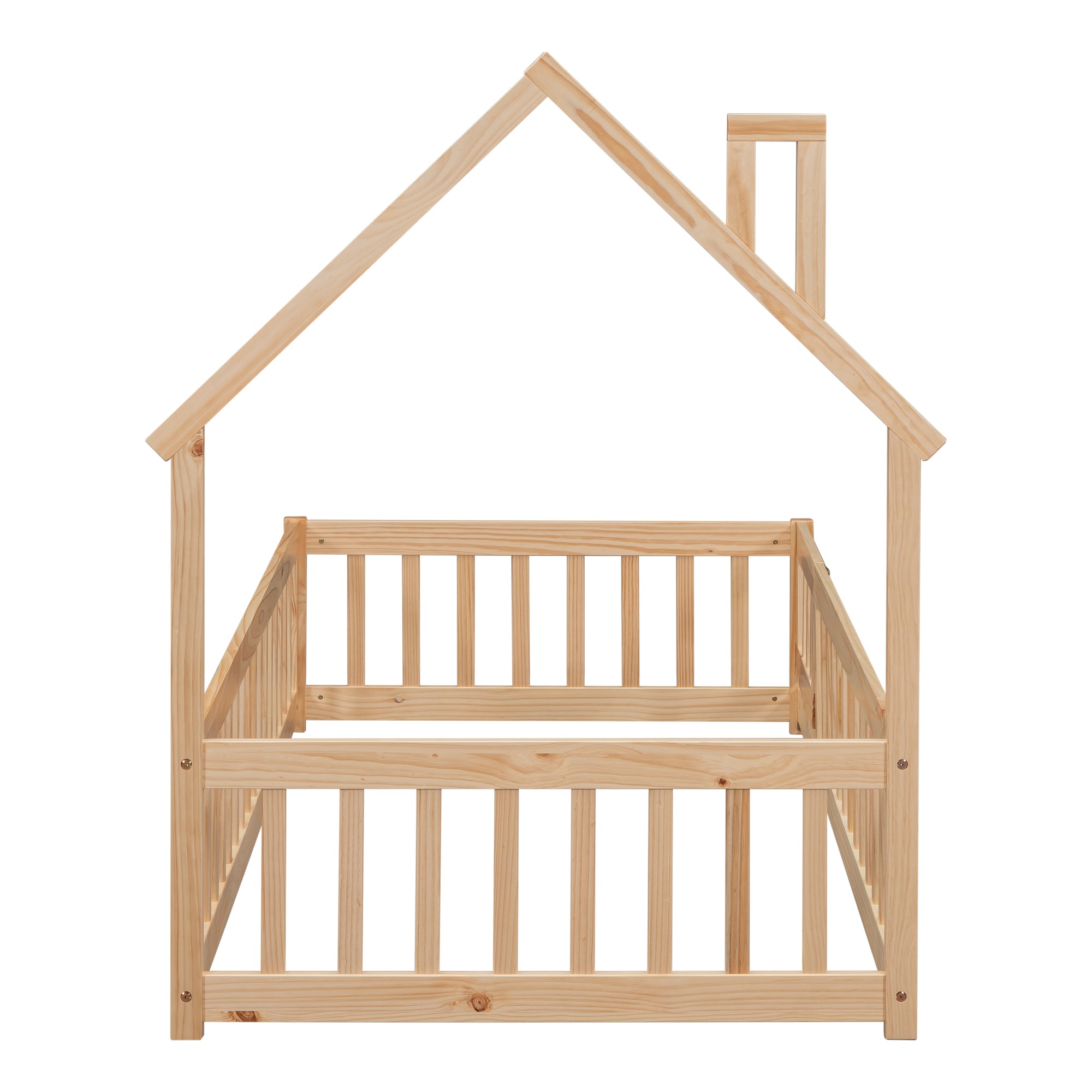 Natural Twin House-Shaped Headboard Toddler Floor Bed with Fence