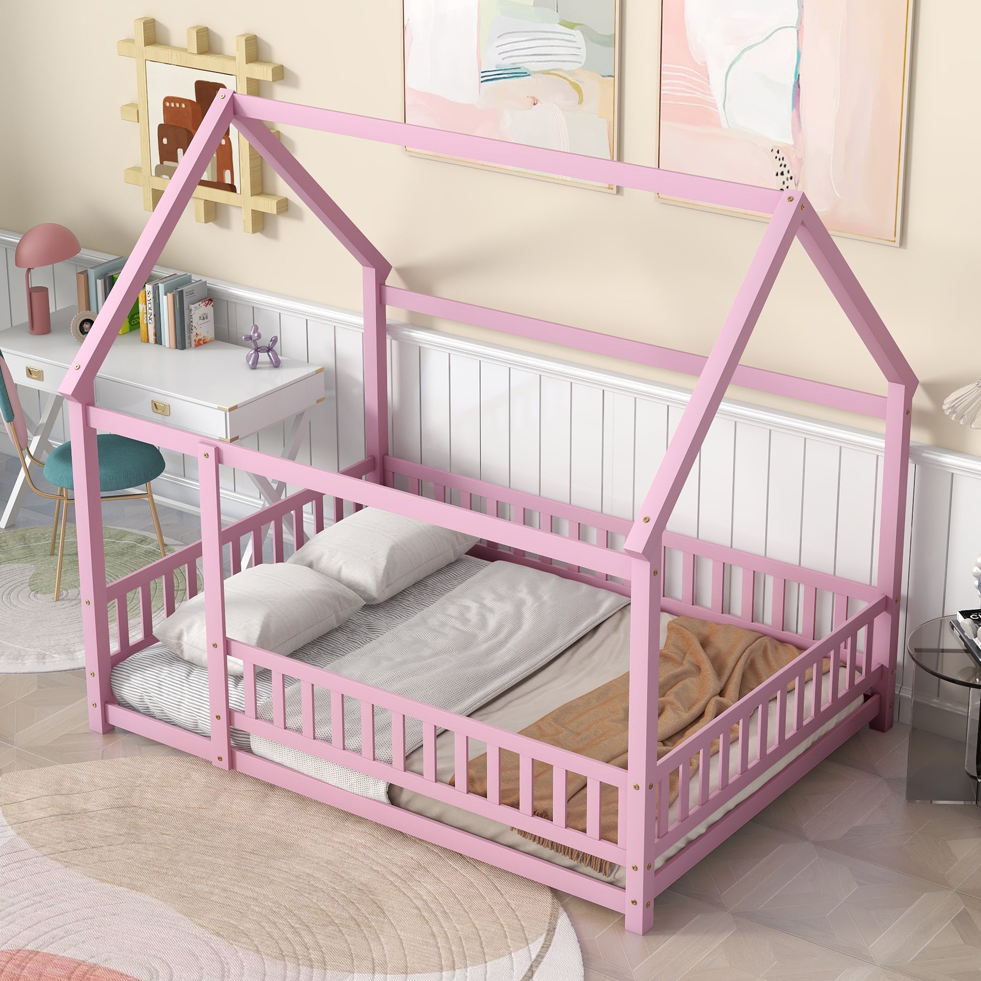 Pink Full-Size Toddler Floor Wooden Bed with House Roof Frame & Fence Guardrails