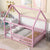 Pink Full-Size Toddler Floor Wooden Bed with House Roof Frame & Fence Guardrails