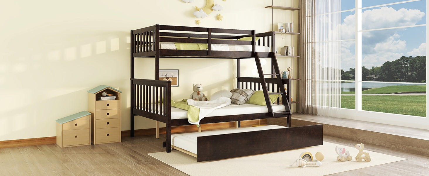 Espresso Twin Over Full Rubber Wood Bunk Bed with Trundle and Detachable Design