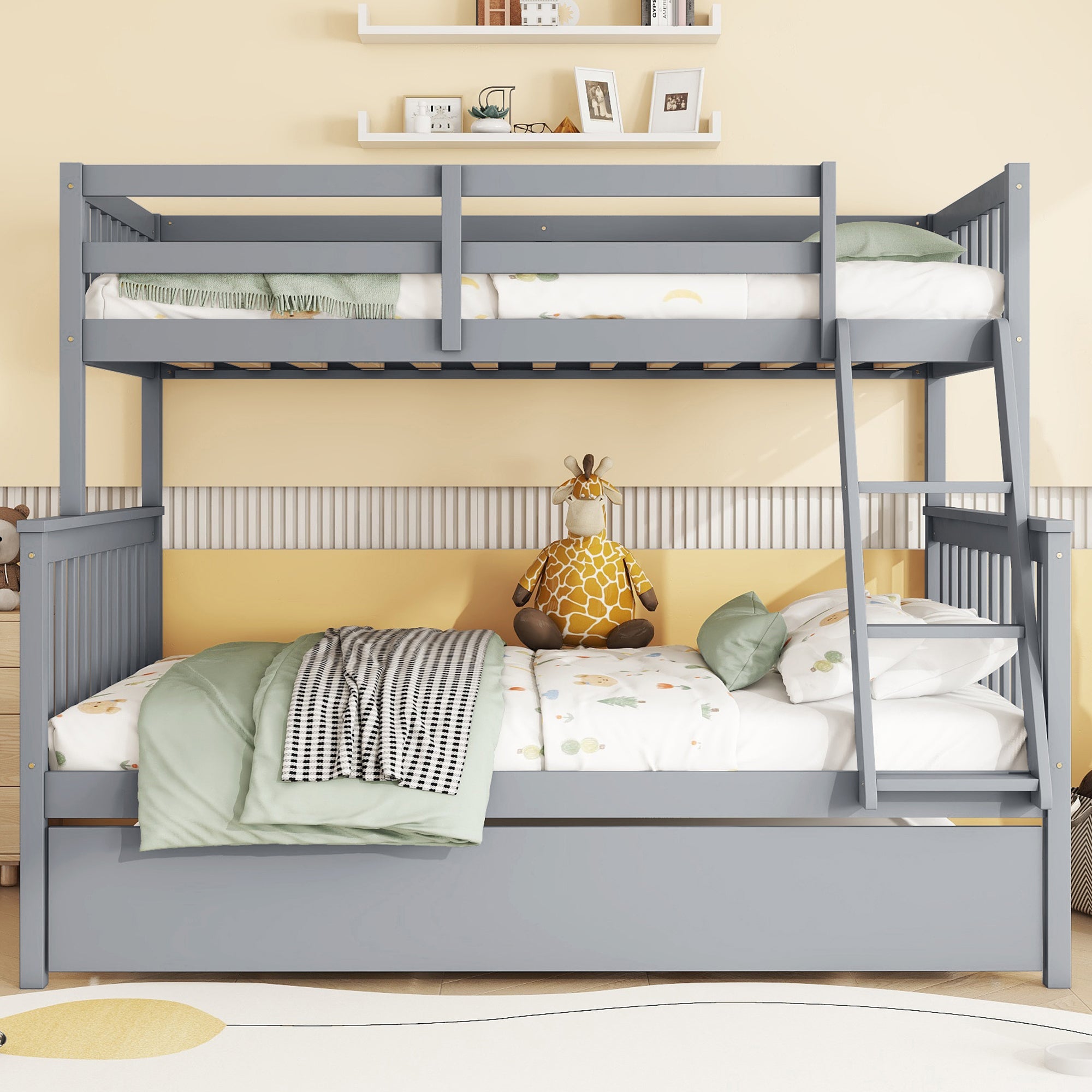 Convertible Gray Twin Over Full Rubber Wood Bunk Bed with Trundle