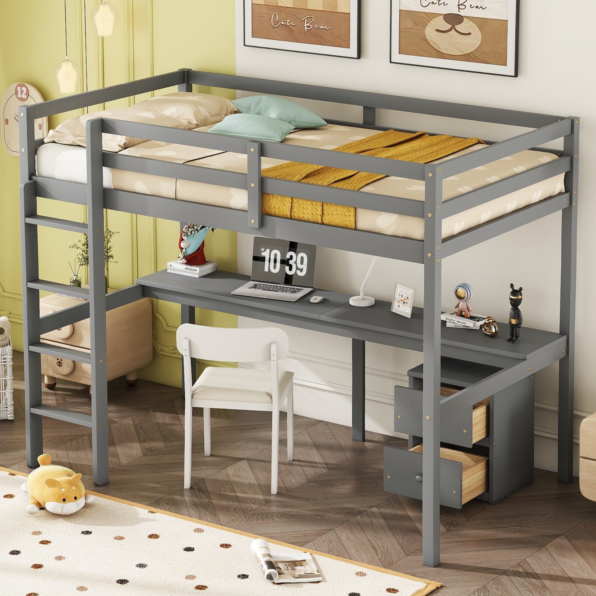 Twin Loft Wood Bed with Built-in Desk, Storage Cabinet, and Ladder