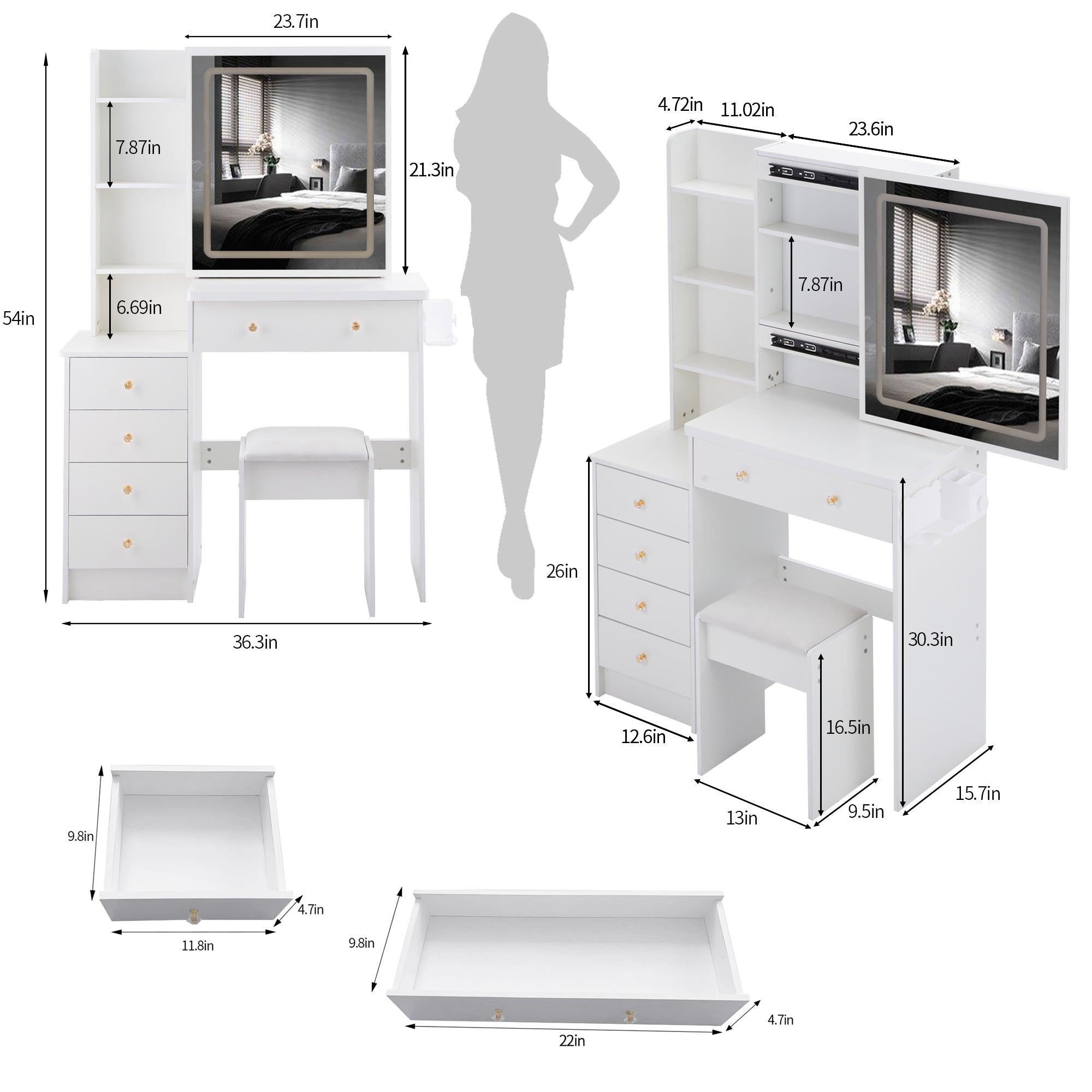 37 Inch Middle Size Vanity Table Set with Cushioned Stool, 2 AC and 2 USB Sockets, Touch Control LED Mirror In White