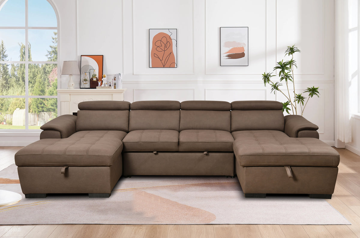 U Shaped Sleeper Sofa With Pull Out Bed And Storage In Dark Brown