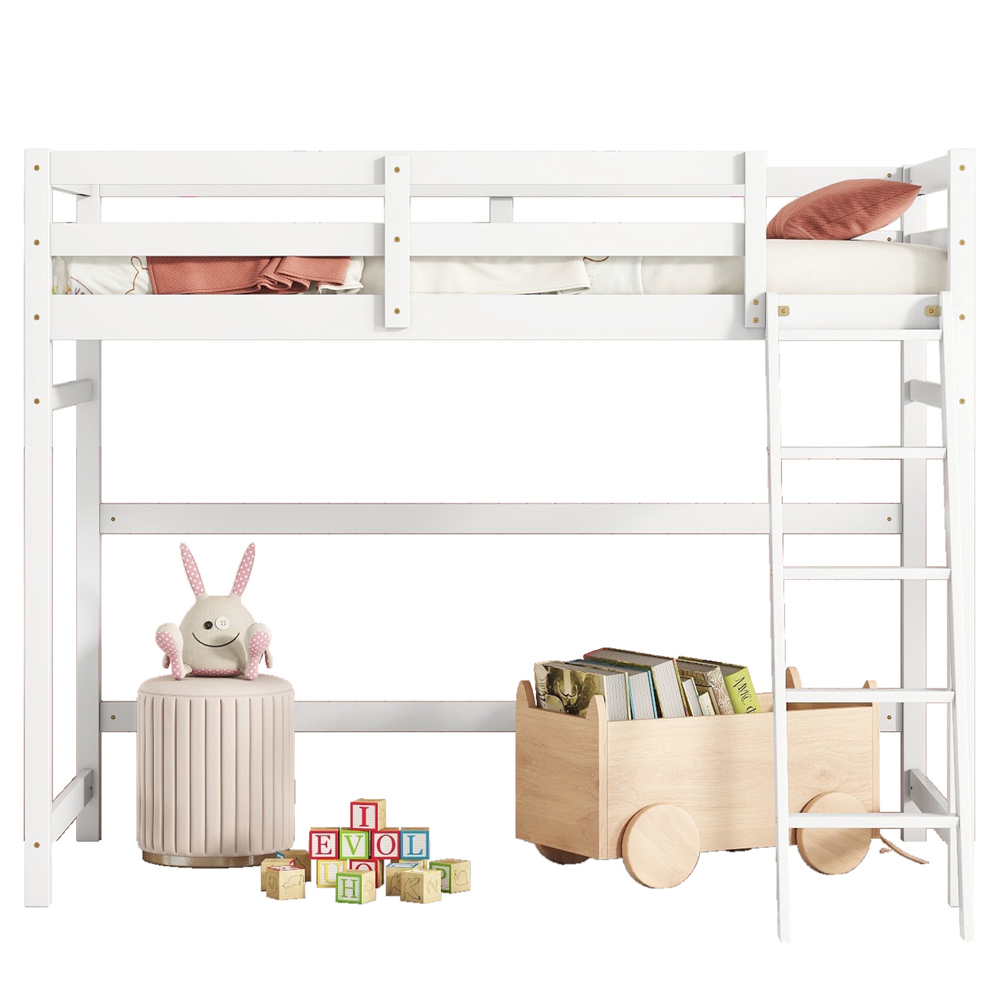 White Twin Size High Loft Bed with Inclined Ladder and Guardrails