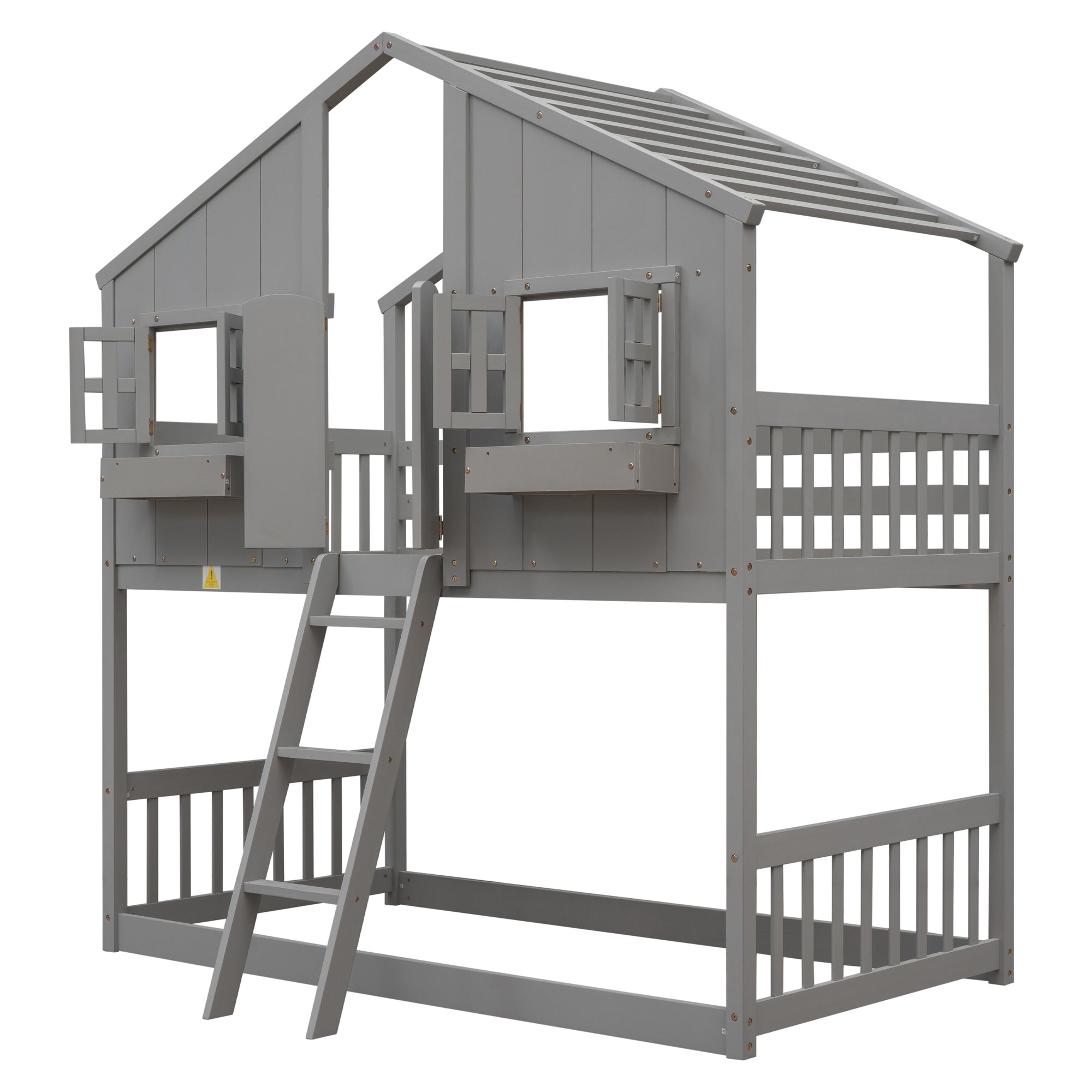 Gray Twin Over Twin House Bunk Bed with Roof, Windows, and Door