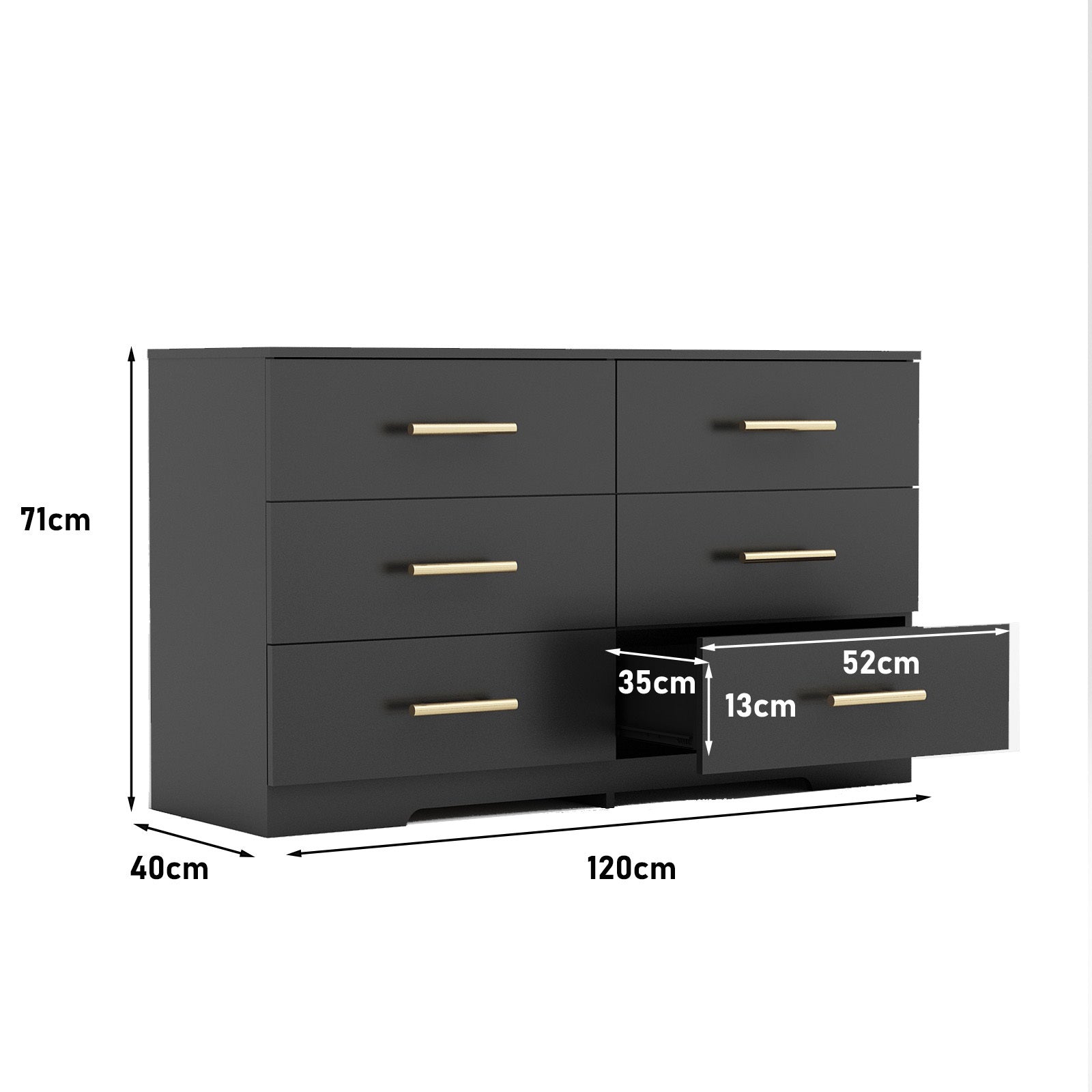 Large 6 Drawer Chest Of Drawers Dresser Table With Golden Handle In Black Color