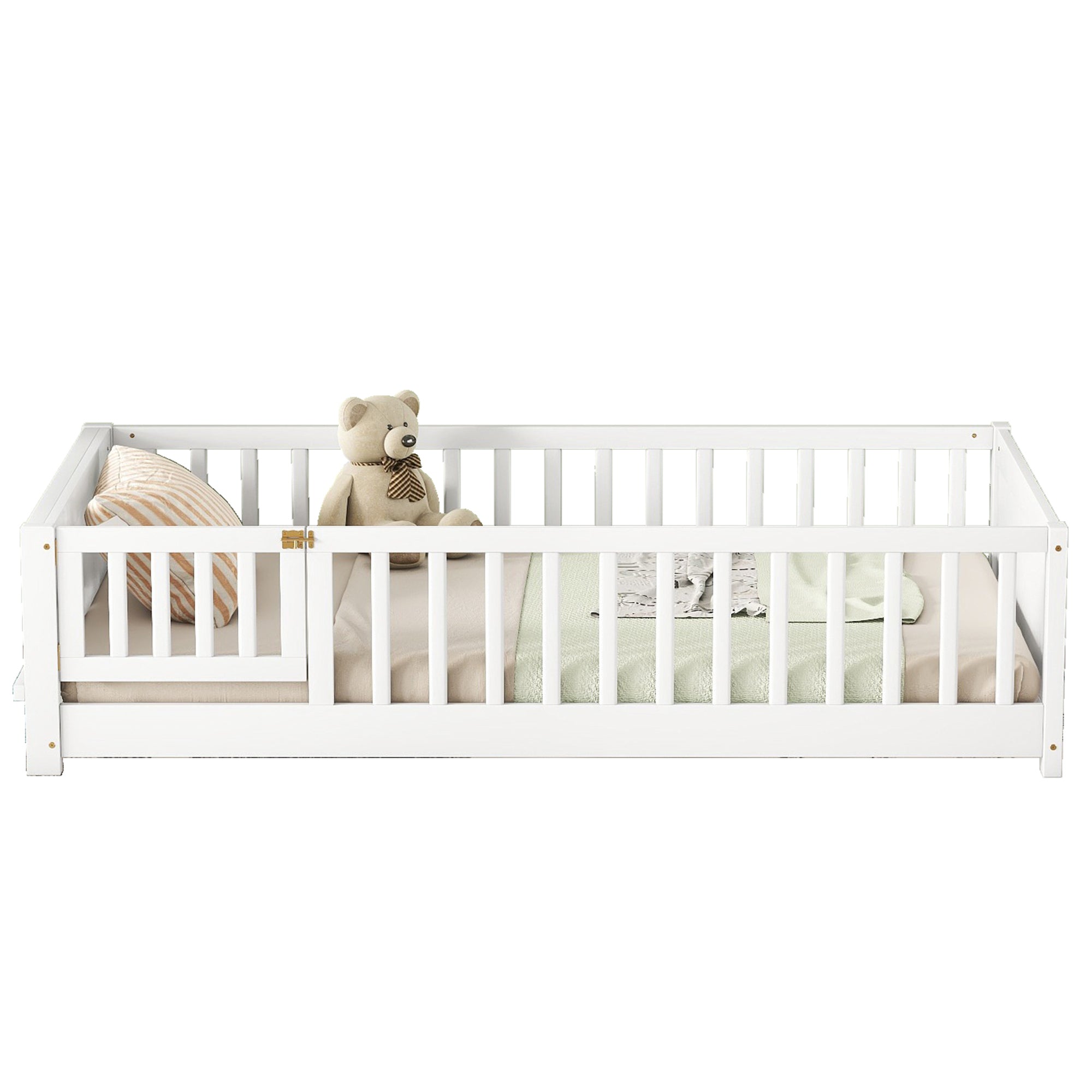 White Twin Toddler Floor Platform Bed with Built-in Book Storage Rack and Door