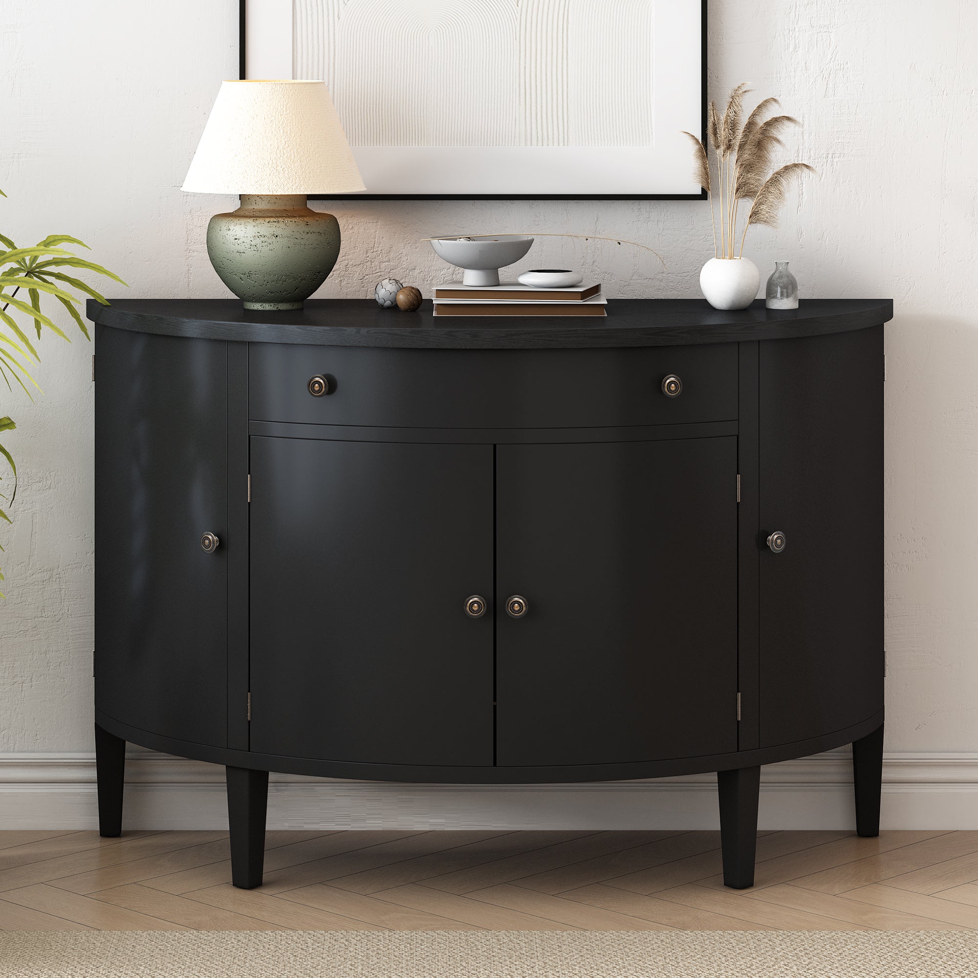 Curved Design Storage Cabinet Made of Fraxinus Mandschuric Solid Wood Veneer with Adjustable Shelves In Black