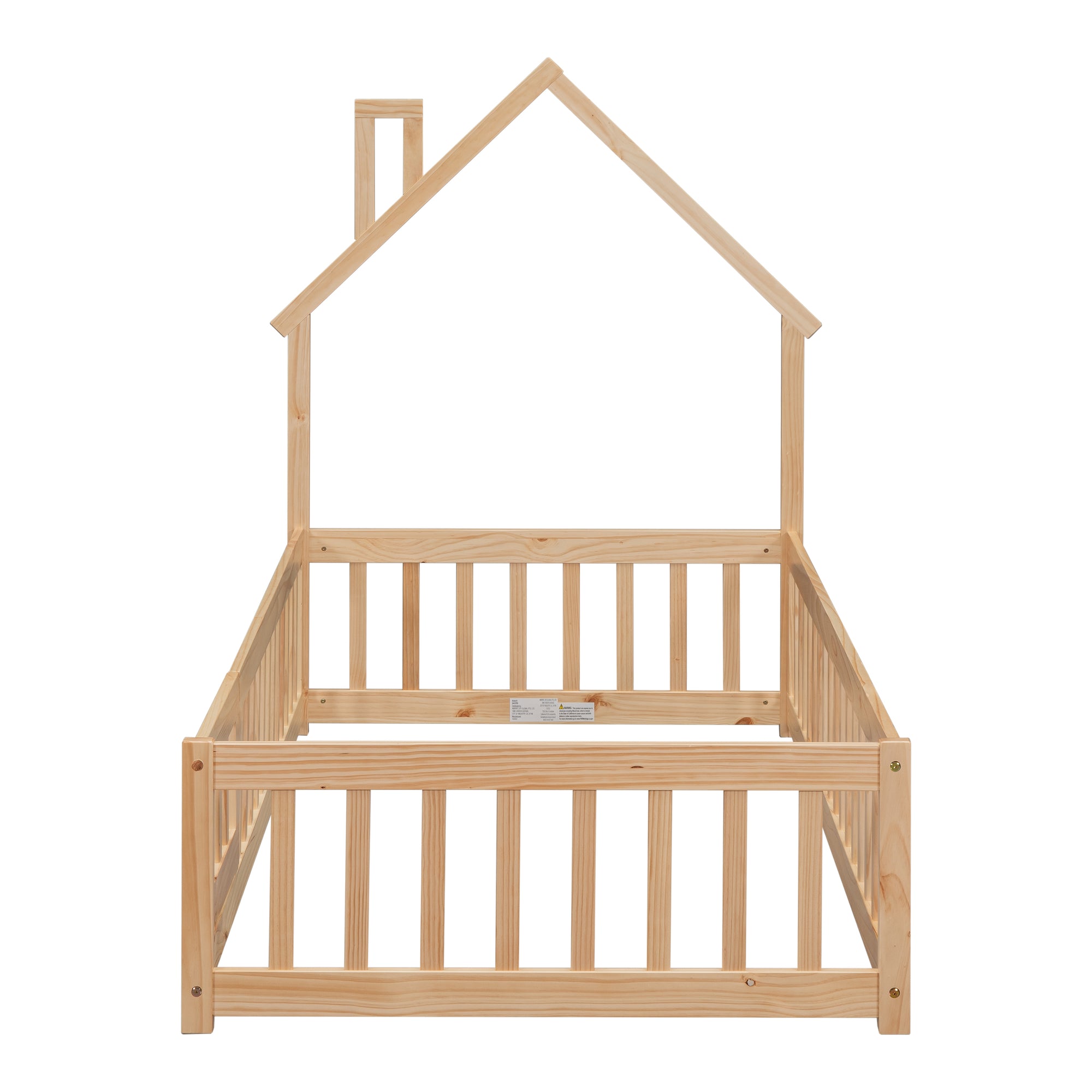 Natural Twin House-Shaped Headboard Toddler Floor Bed with Fence