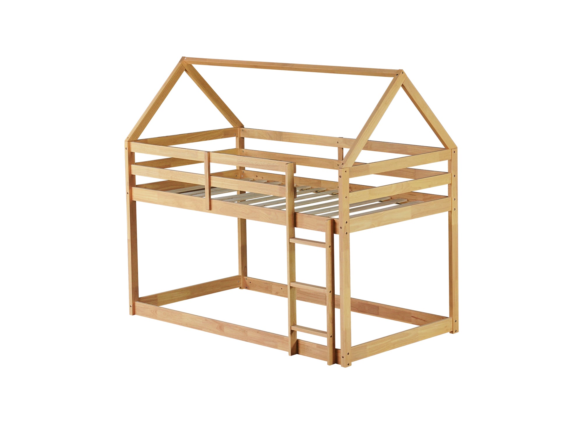 White Oak Twin Over Twin Rubber Wood House-Shaped Bunk Bed with Ladder & Guardrails