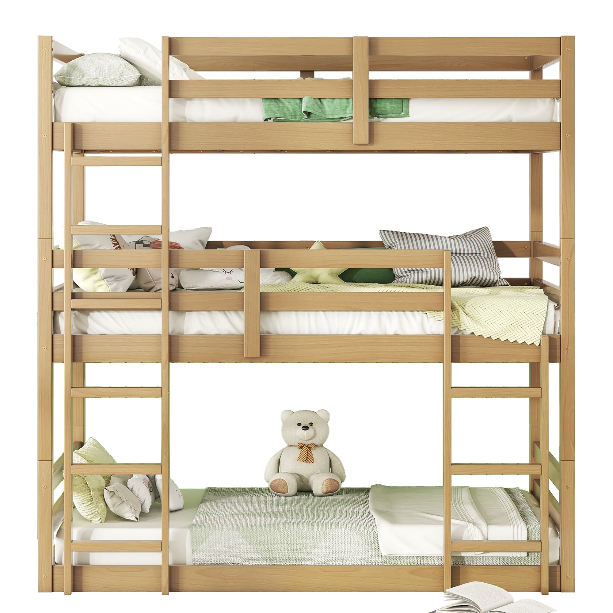 Triple Wood Bunk Bed with Two Built-in Ladders and Guardrails