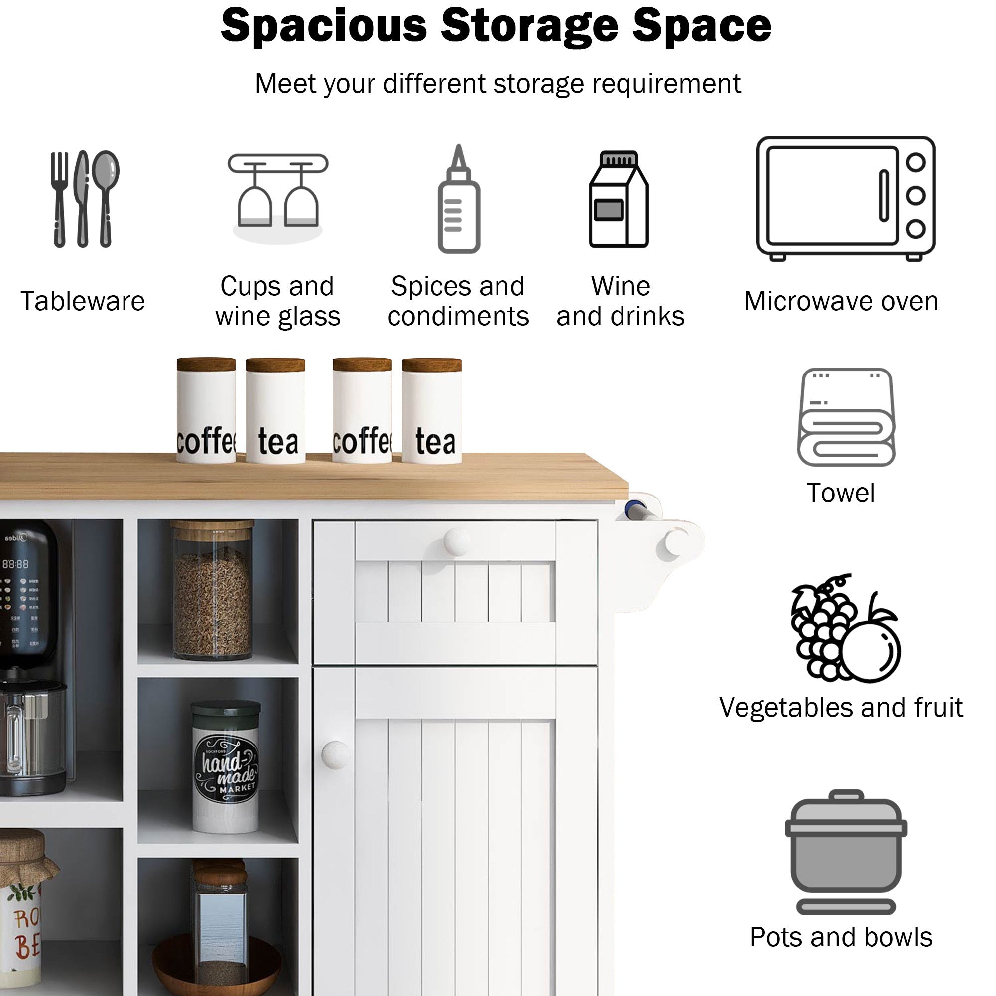 Kitchen Island Cart with Storage Cabinet and Two Locking Wheels Solid Wood Desktop Microwave Cabinet Floor Standing Buffet Server for Kitchen In White