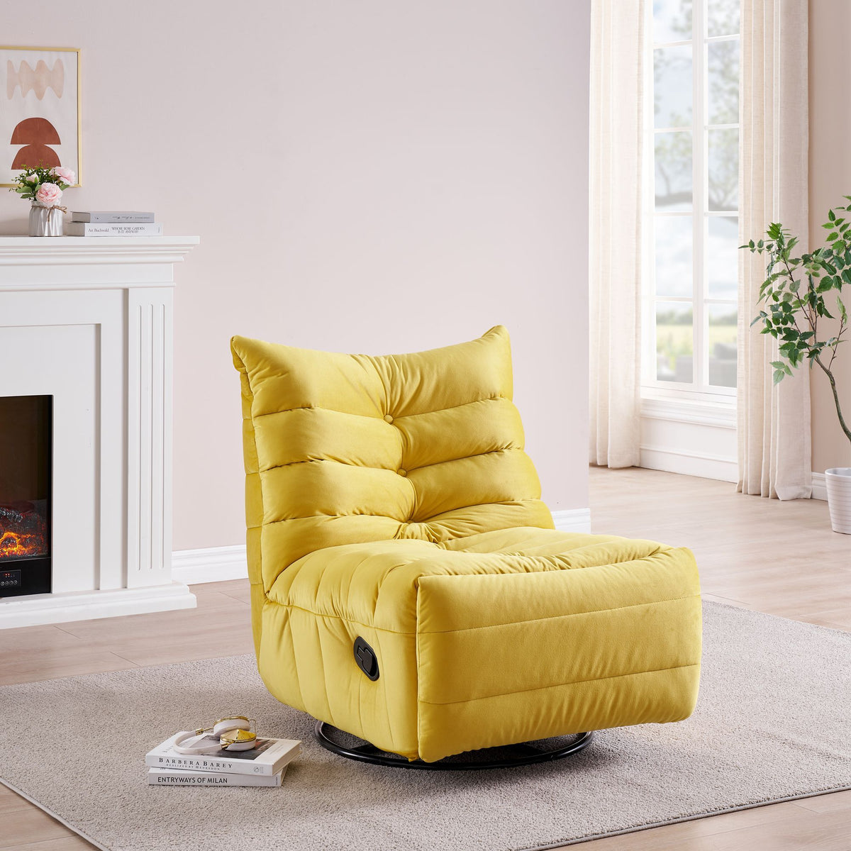 Modern Rotatable Yellow Velvet Lazy Chair With Side Pocket