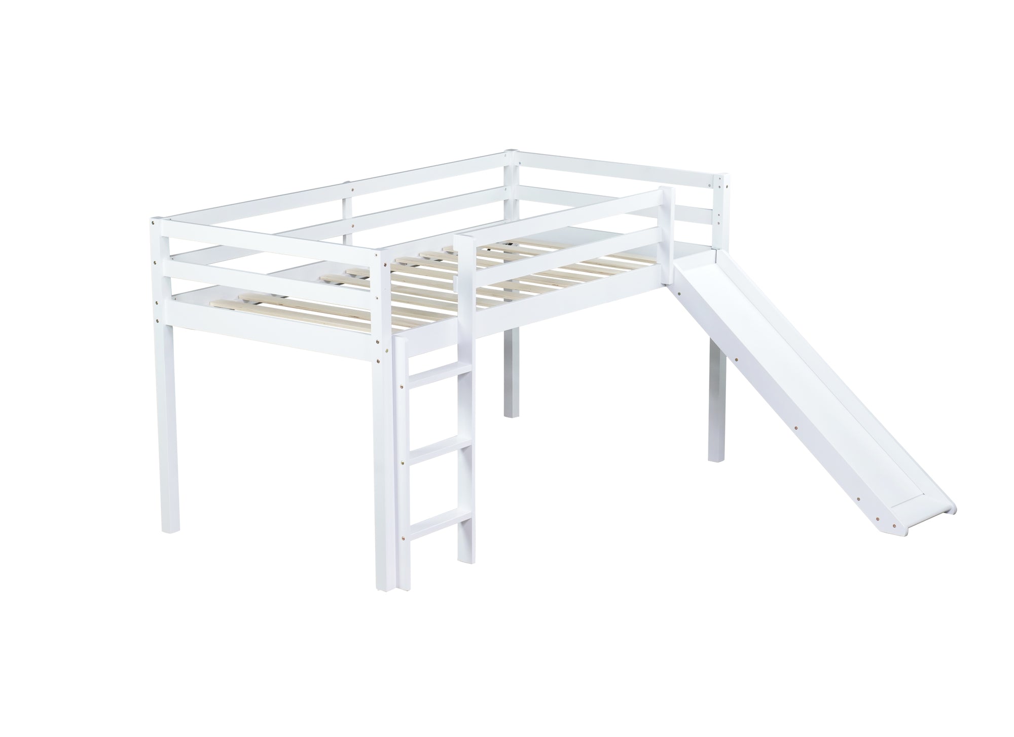 White Twin Low Loft Bed with Slide, Ladder, and Guardrails