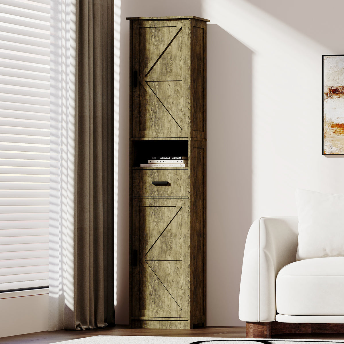 69&#39; H Tall Bathroom Storage Cabinet with 2 Barn Doors and 1 Drawer Narrow Storage Unit Adjustable Shelves In Grey