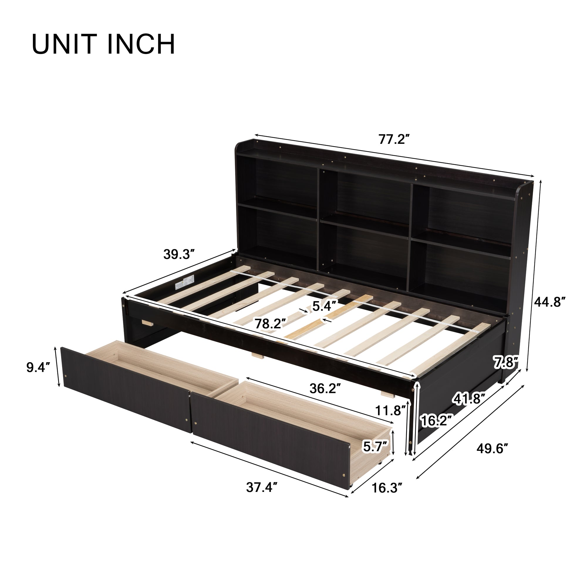 Espresso Tone Twin Bed with Side Bookcase and Storage Drawers