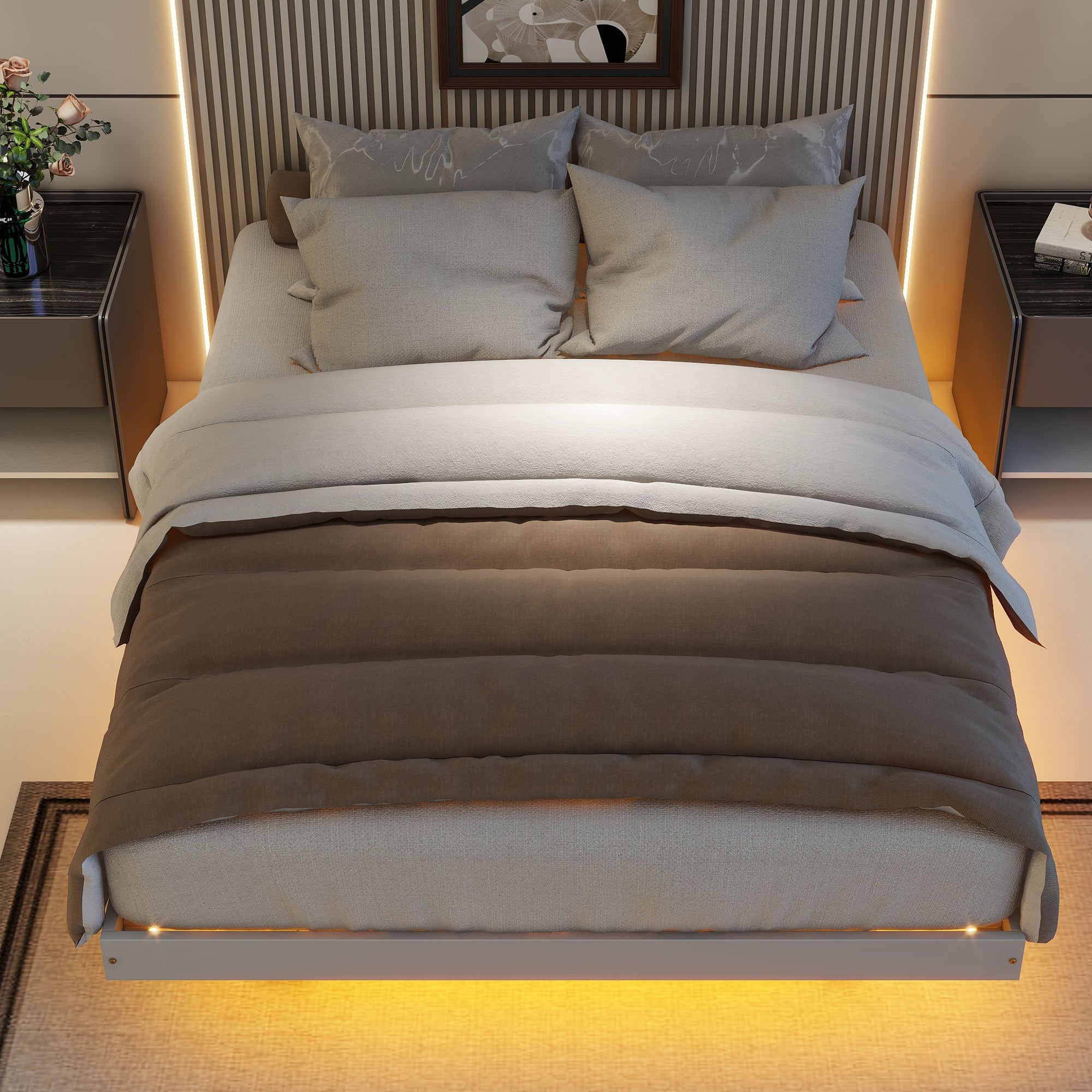 Gray Full Size Floating Bed with LED Lights Underneath