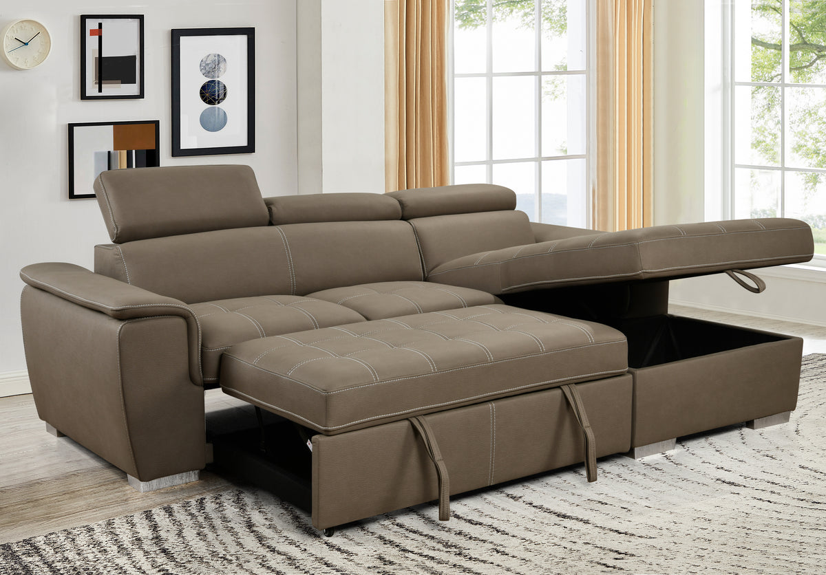 97 Inch Convertible Sectional Sofa with Storage Chaise Adjustable Headrests L-shaped Sleeper with Pull-Out Bed In Brown