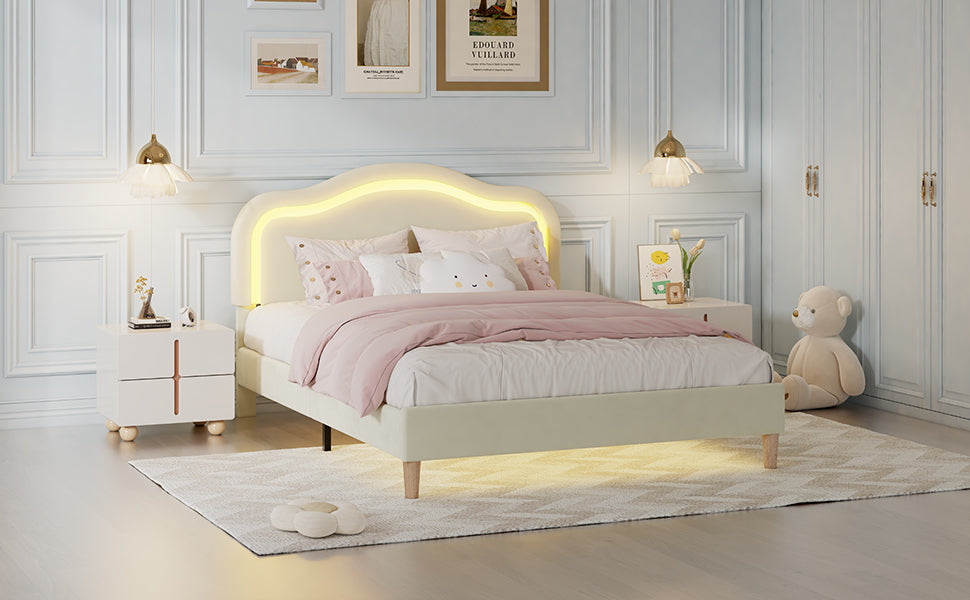 Twin Bed Frame with Adjustable LED Lights and Beige Velvet Upholstery