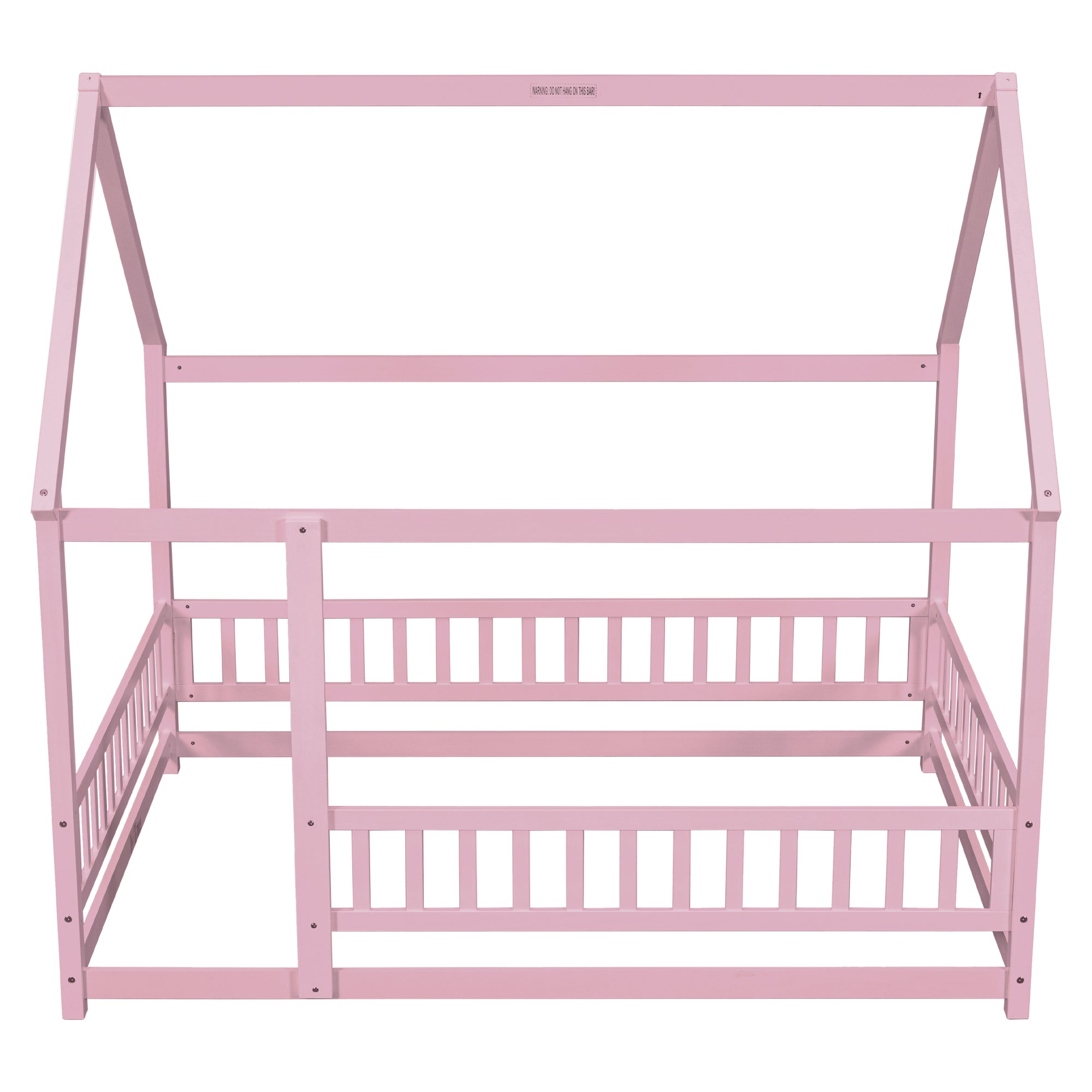 Pink Full-Size Toddler Floor Wooden Bed with House Roof Frame & Fence Guardrails