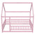 Pink Full-Size Toddler Floor Wooden Bed with House Roof Frame & Fence Guardrails