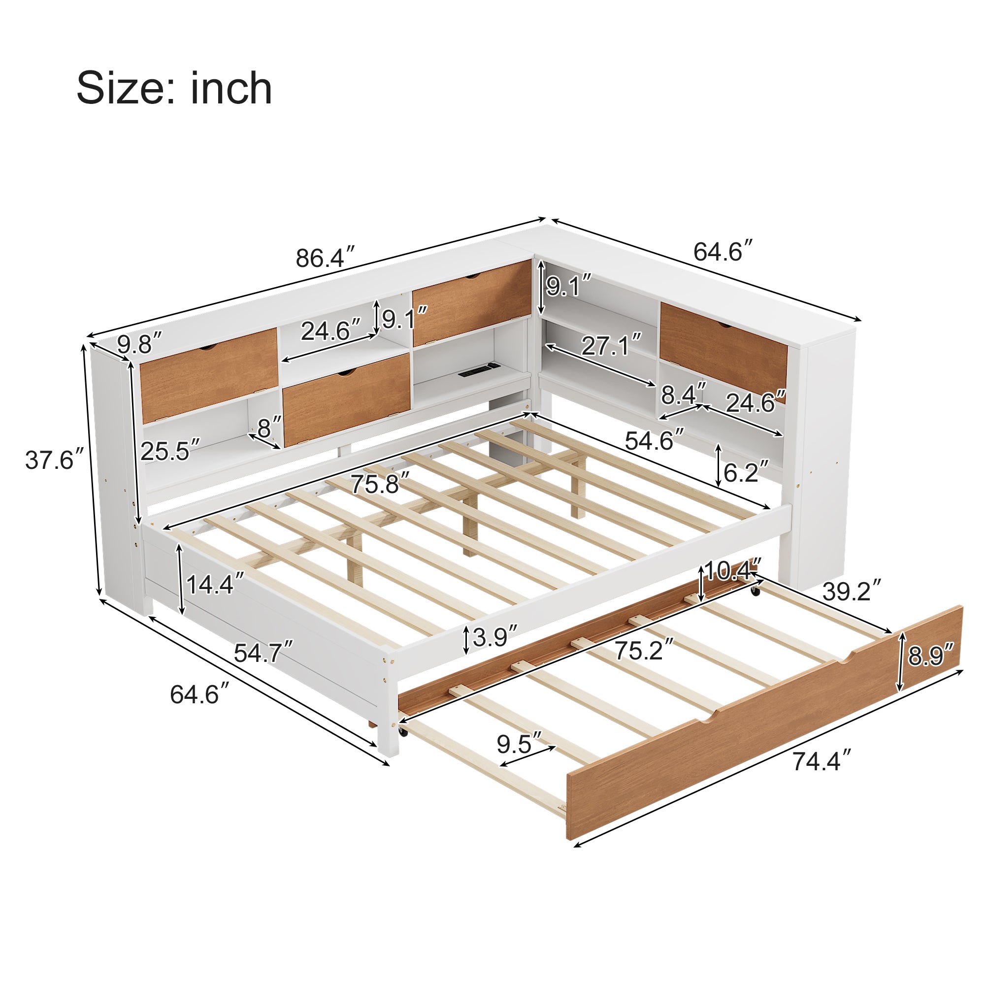 Full Daybed with Storage, Trundle & L-Shaped Bookcases in White & Walnut