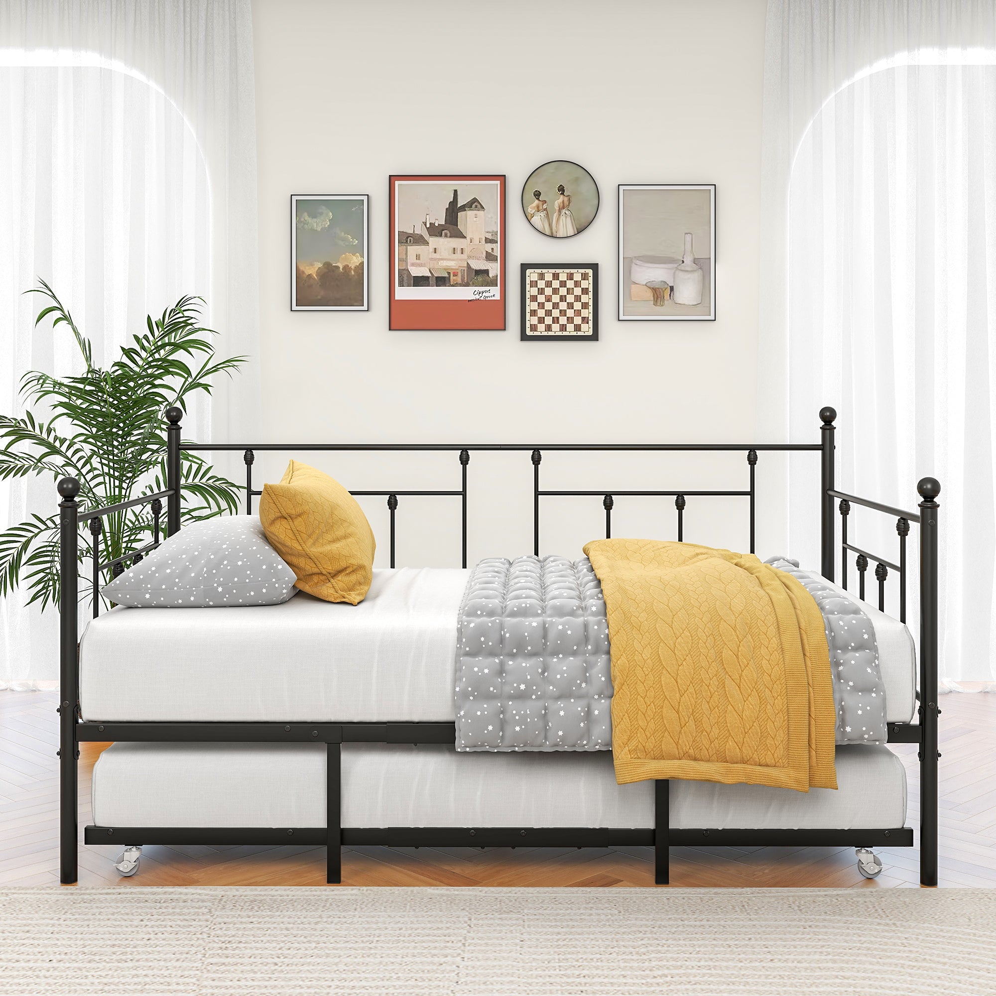 Sturdy Metal Twin Size Daybed Frame with Trundle Set for Guest Room and Living Room In Black