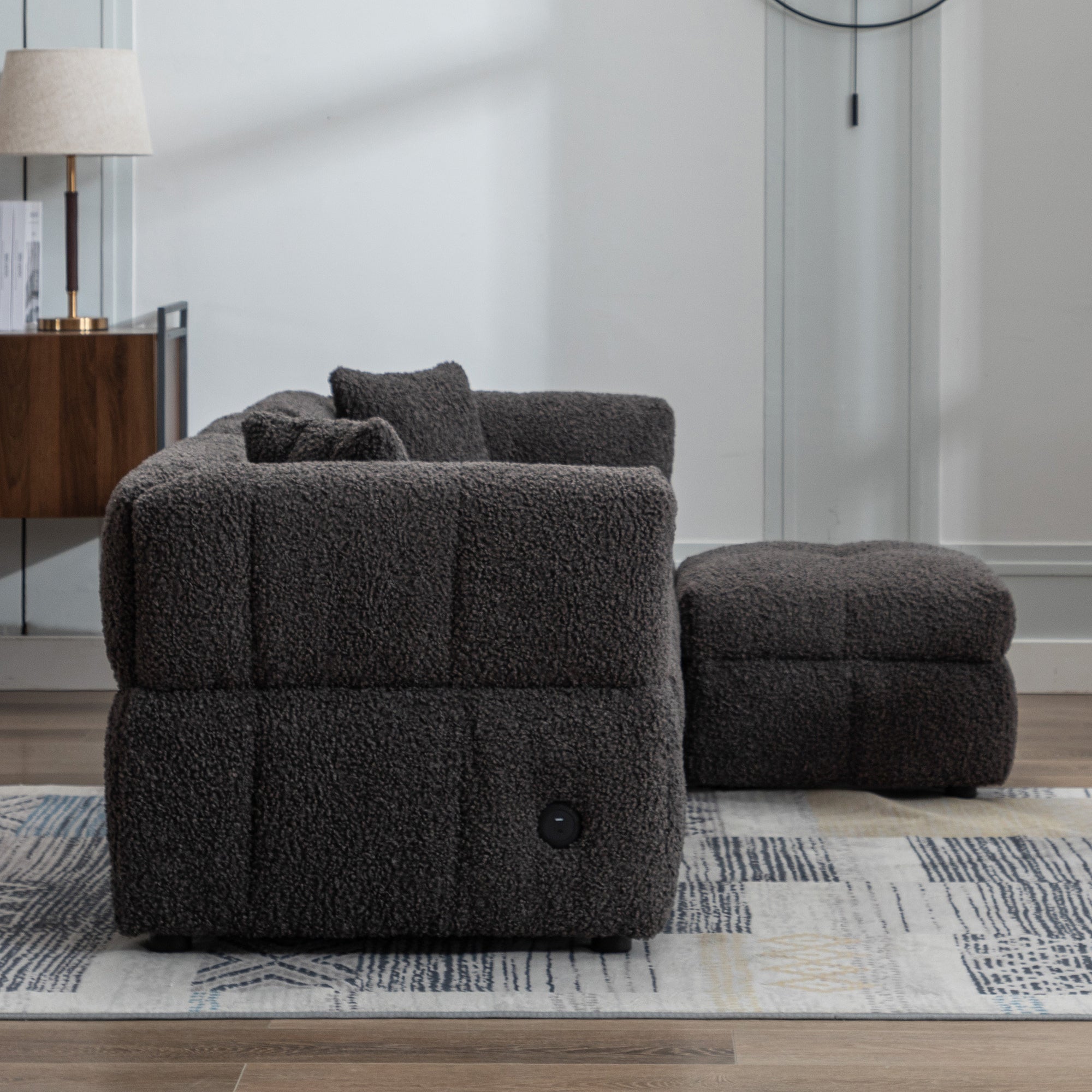 Gray Teddy Fleece Sectional Sofa with Multi-Functional Storage Ottoman