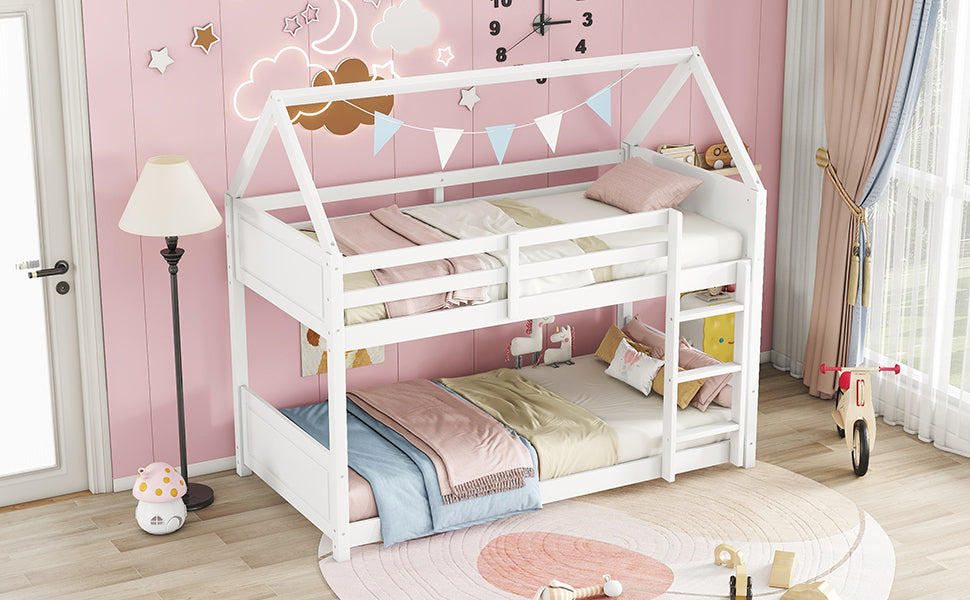 Twin Over Twin House Floor Bunk Bed with Guardrails and Ladder