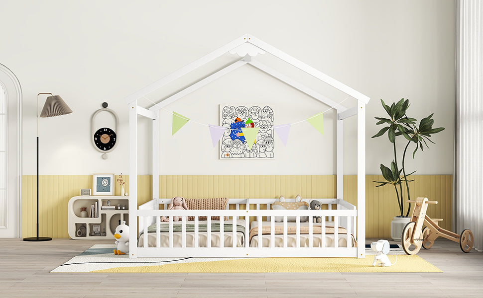 White Double Twin House-Style Toddler Floor Bed with Fence & Guardrails