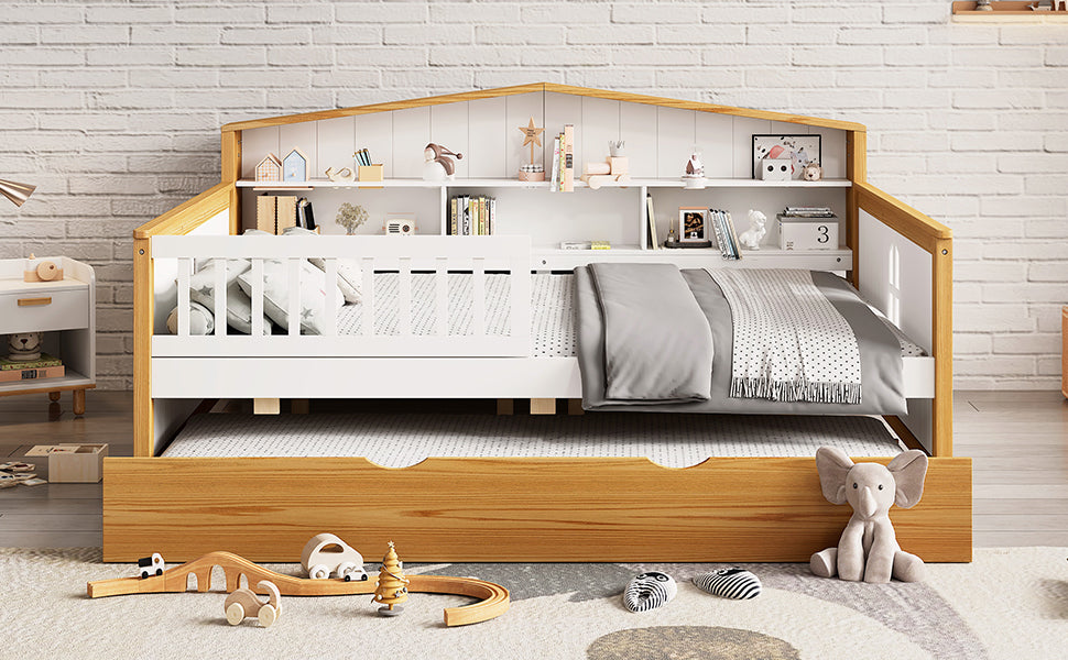 Full Size Safety Bed Frame with Trundle and Integrated Bookcase Headboard