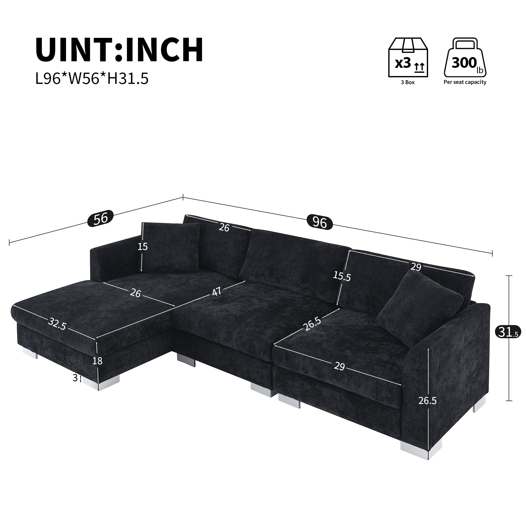 Black Chenille L-Shaped Sectional Sofa with Chaise Lounge and Aluminum Legs