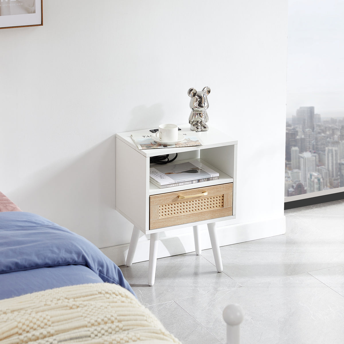 15.75 Rattan End Table with Power Outlet and USB Ports Modern Nightstand with Drawer Solid Wood Legs In White