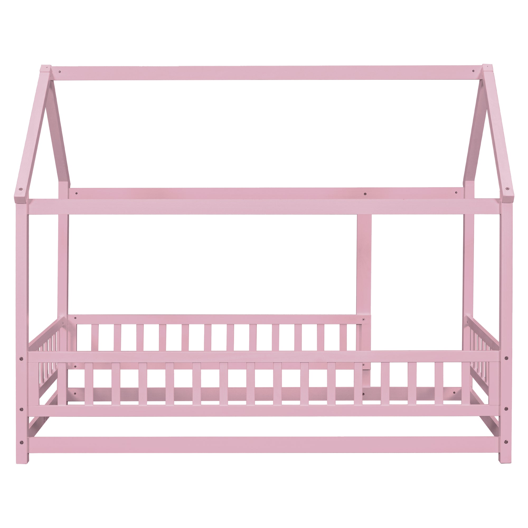 Pink Twin Size Toddler Floor Wooden Bed with House Roof Frame and Fence Guardrails