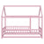 Pink Twin Size Toddler Floor Wooden Bed with House Roof Frame and Fence Guardrails