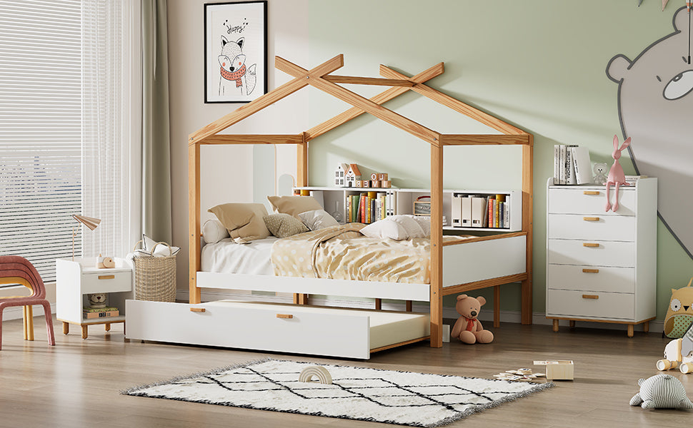 White and Natural Tone Full House Bed with Trundle and Bookshelf Storage