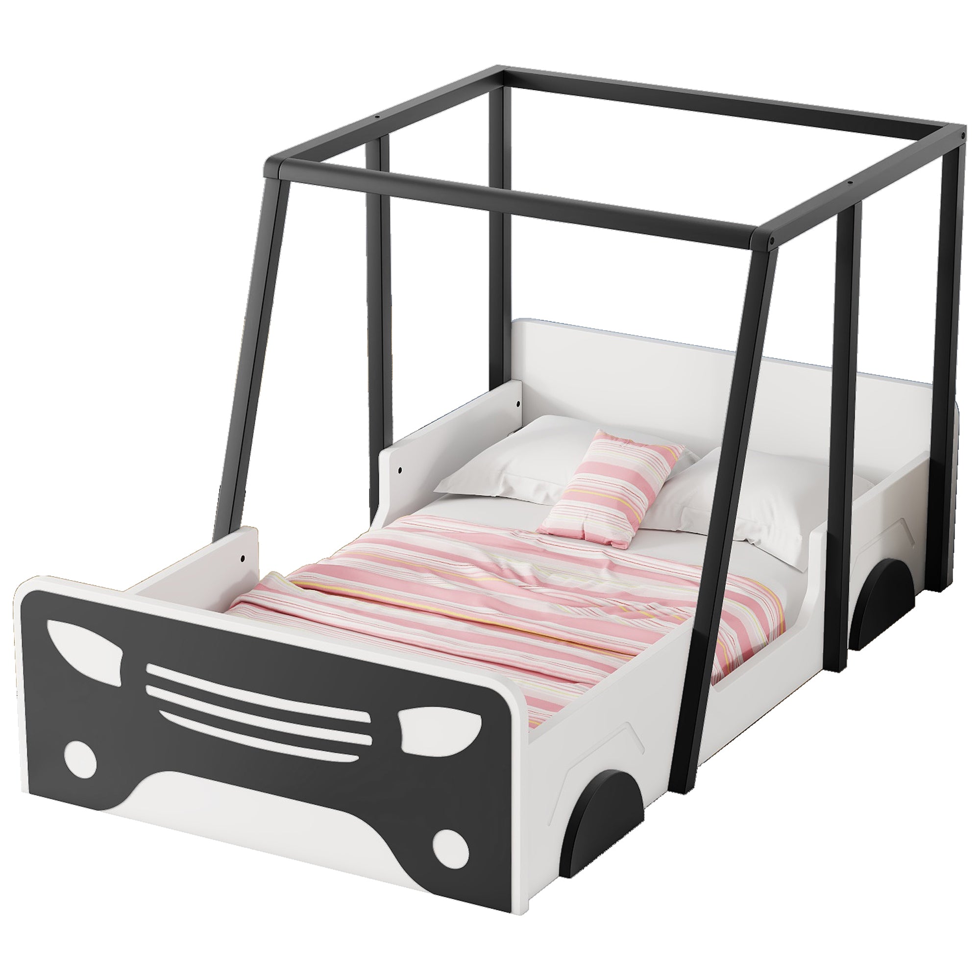 Twin Size Car-Shaped Bed with Roof, Wheels, and Door Design